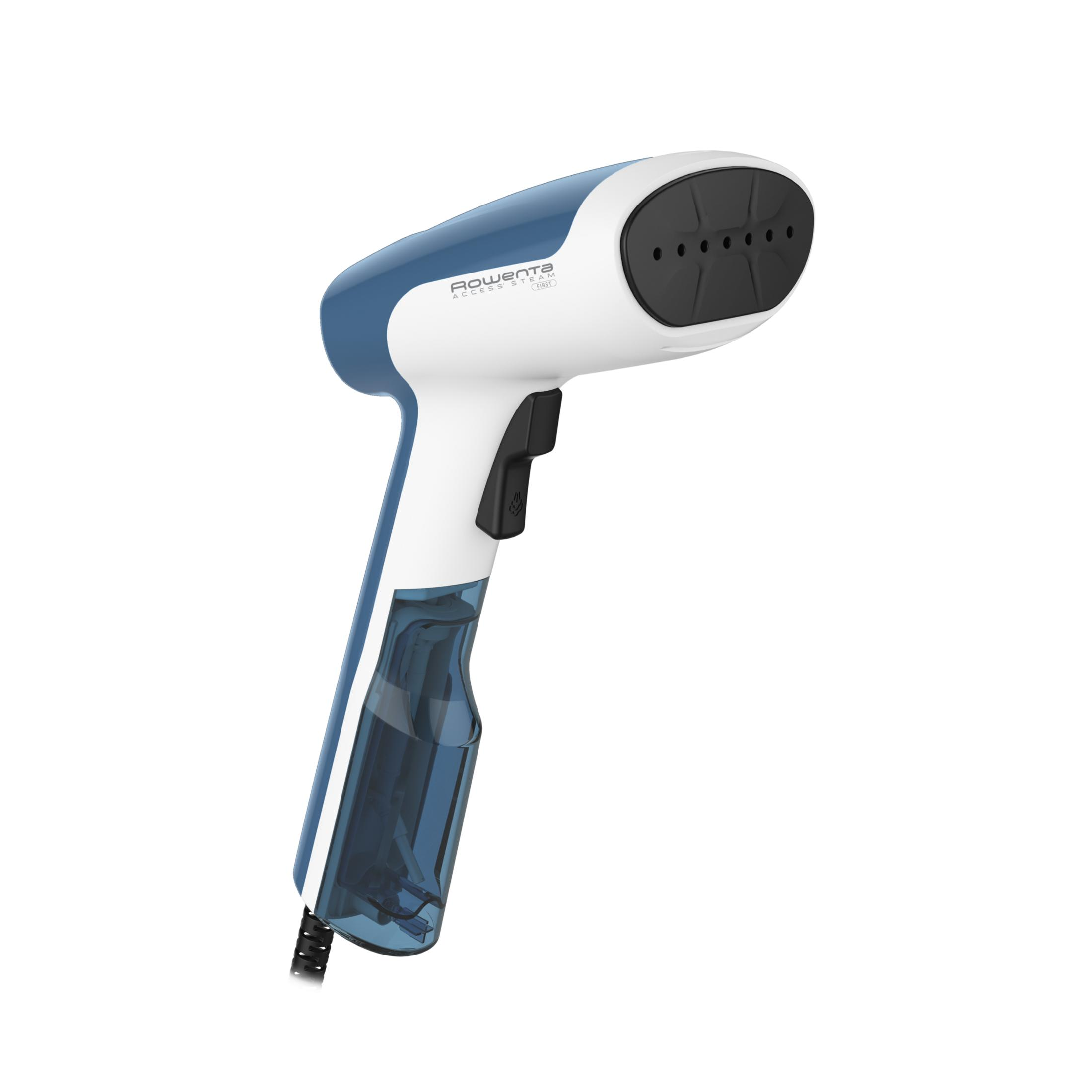 Un vaporizzatore portatile bianco e blu con ugello e manico neri.