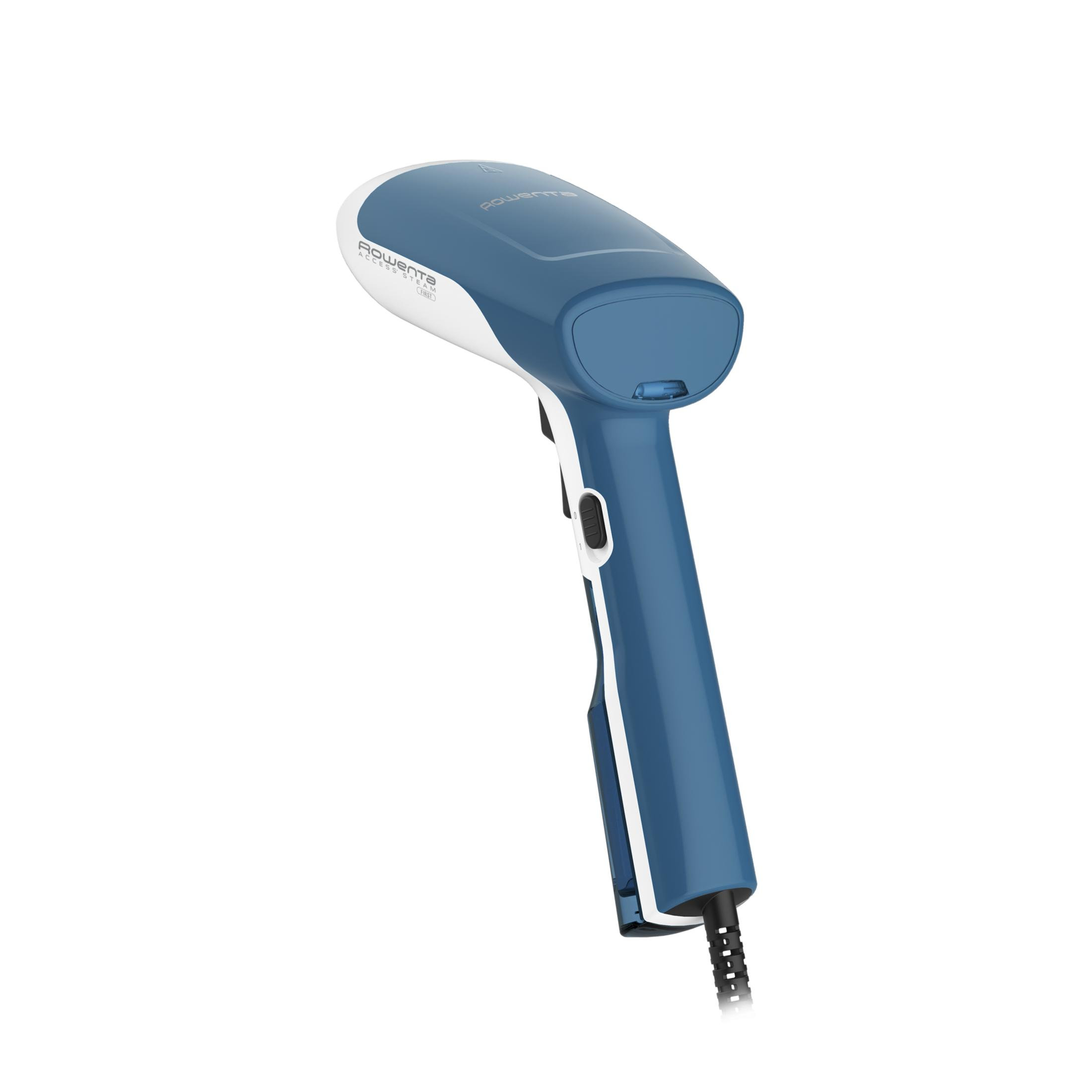 Un vaporizzatore per abiti portatile blu e bianco con cavo nero.