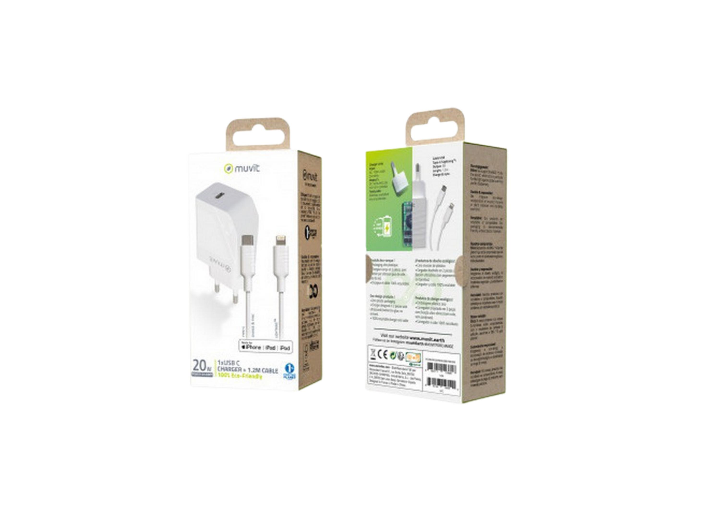 Embalaje de un cargador USB-C blanco de 20W y un cable de 1,2 m.