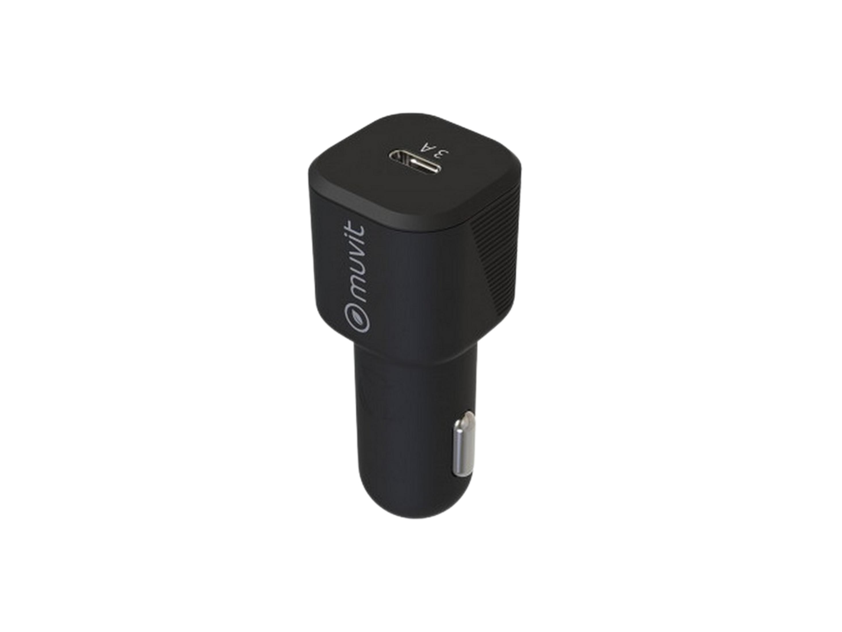 Cargador de coche USB-C negro con logo "muvit" y marca de 3A.