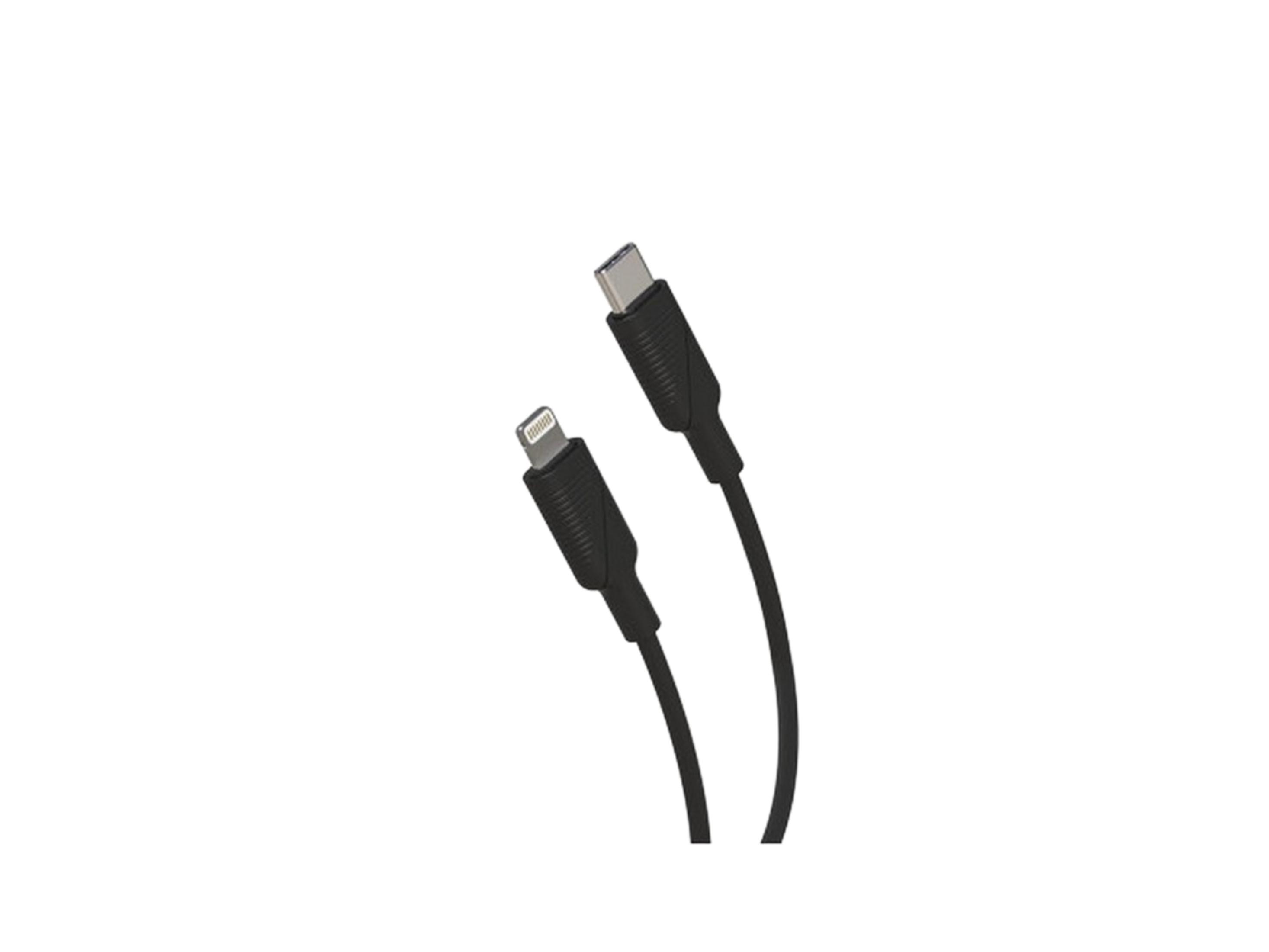 Un cable USB-C y Lightning negro sobre fondo blanco.