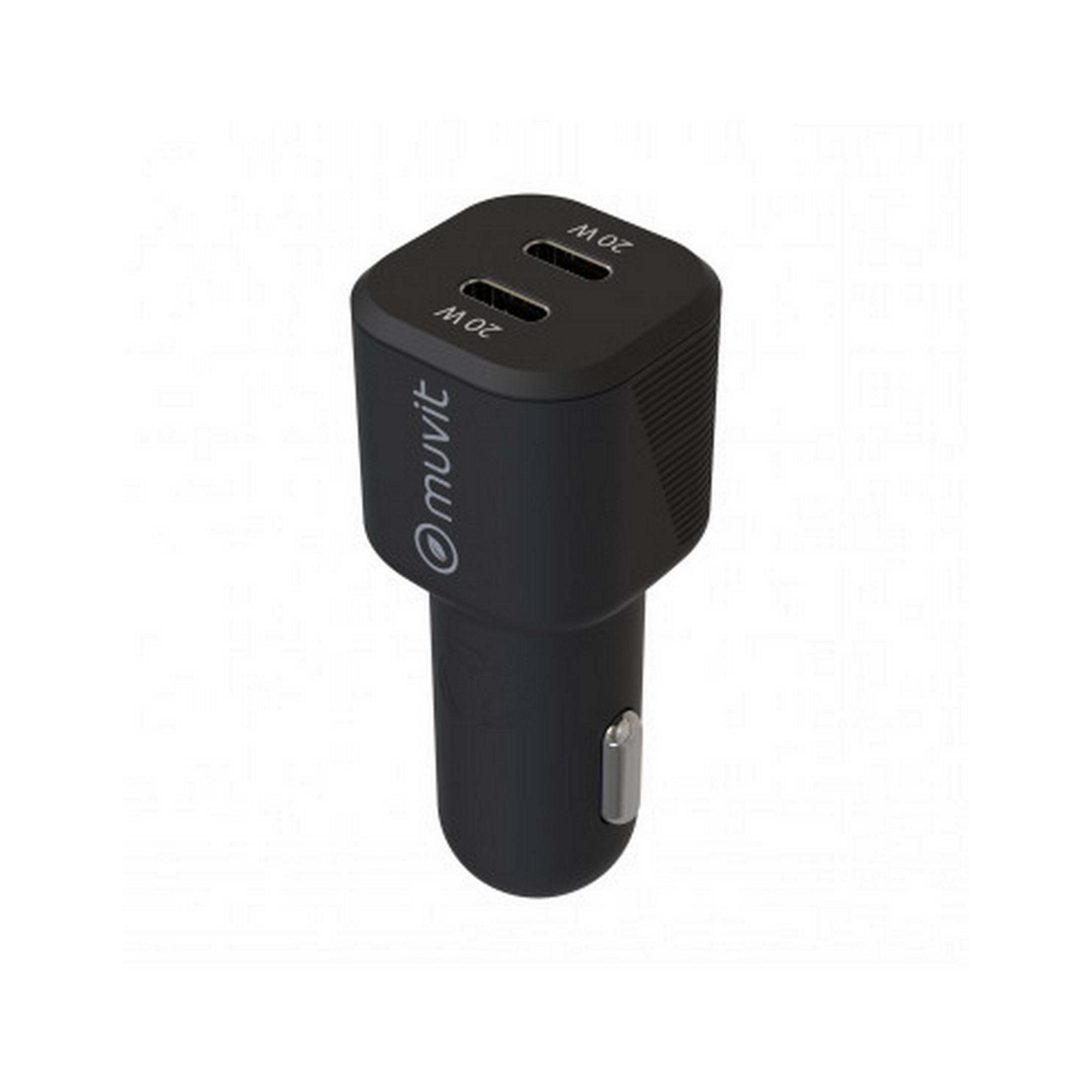 Cargador de coche Muvit USB-C negro con dos puertos de 20W.