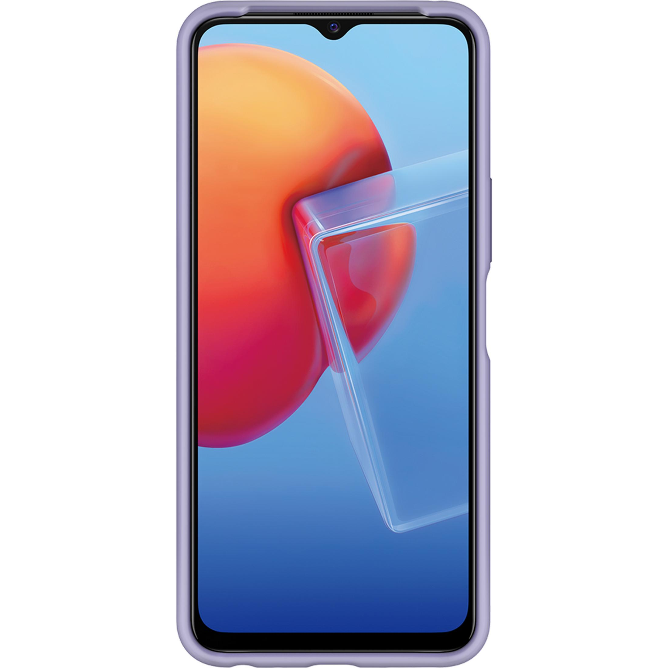 Ein hellviolettes Handy in einer Schutzhülle mit einem orange-roten, abstrakten Hintergrund.