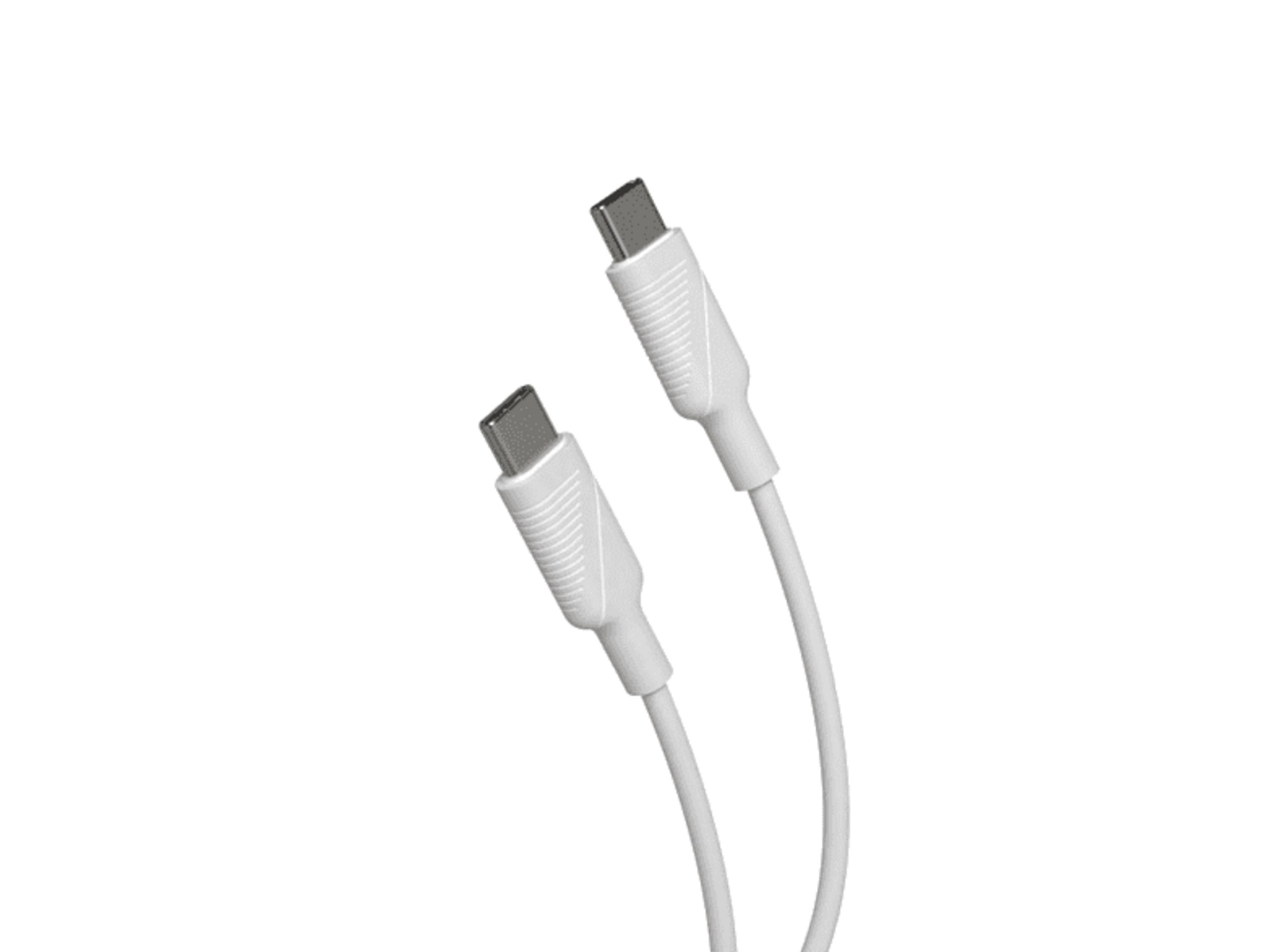 Due cavi USB-C bianchi con connettori argentati riposano su sfondo bianco.