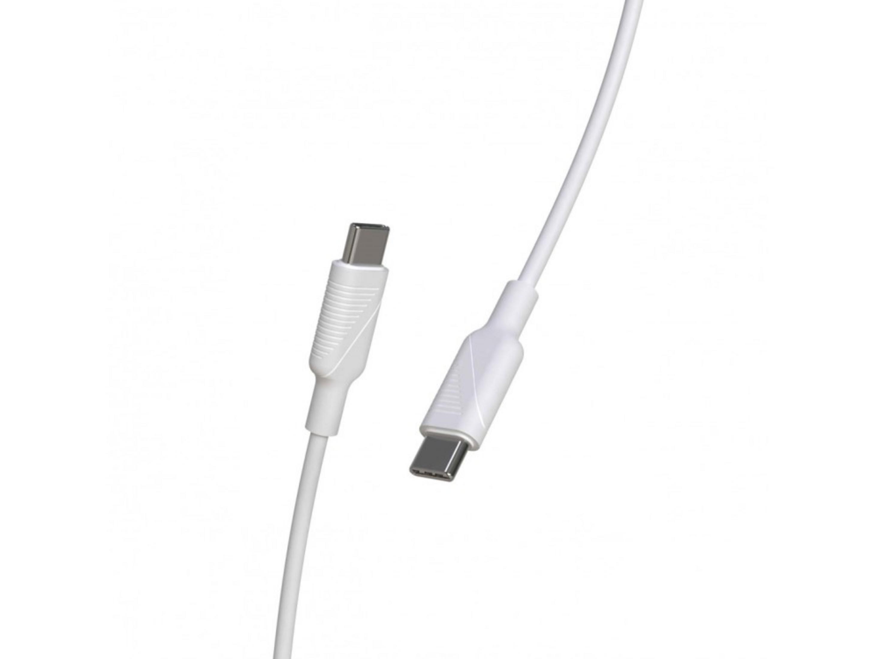 Due connettori per cavo USB-C bianchi con porte argentate su sfondo bianco.
