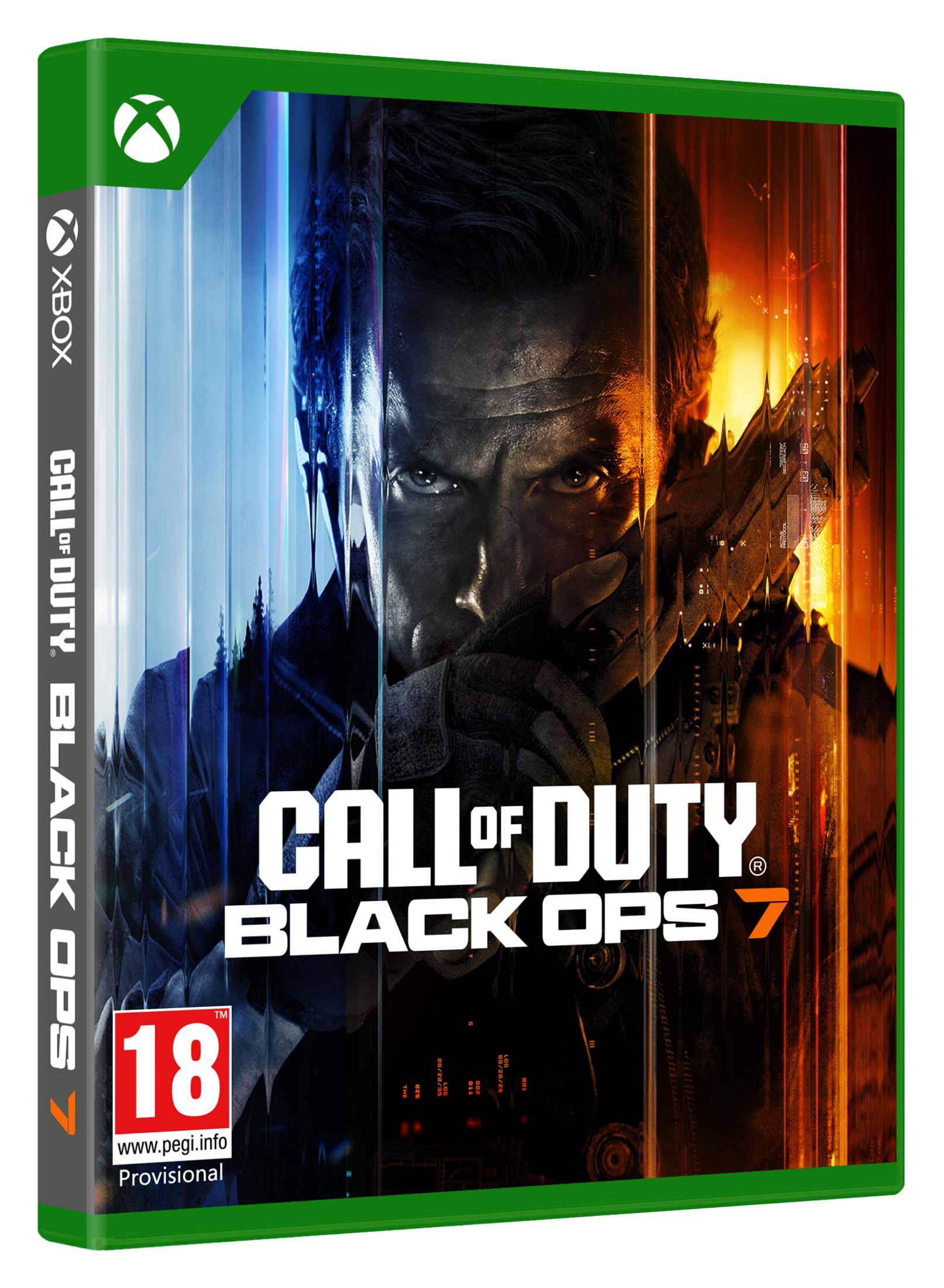 Portada del juego Call of Duty Black Ops 7 para Xbox con cara y luces naranjas/azules.