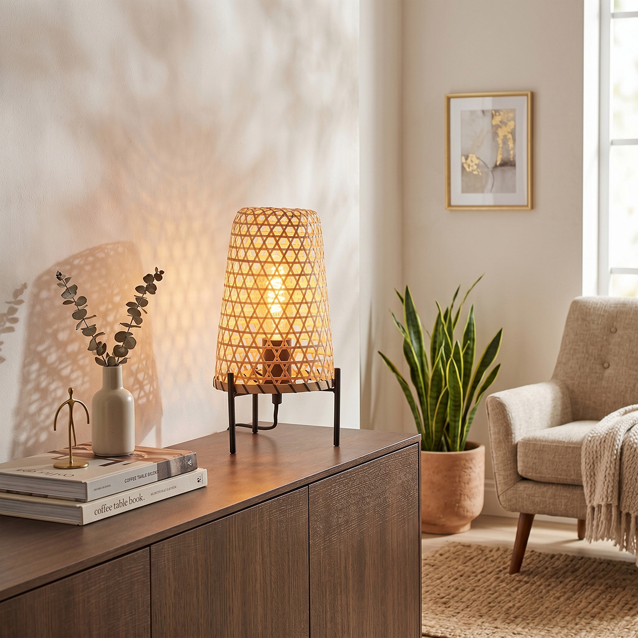 Ein Nachttisch mit Lampe, Vase und Büchern, daneben ein Sessel und eine Pflanze.