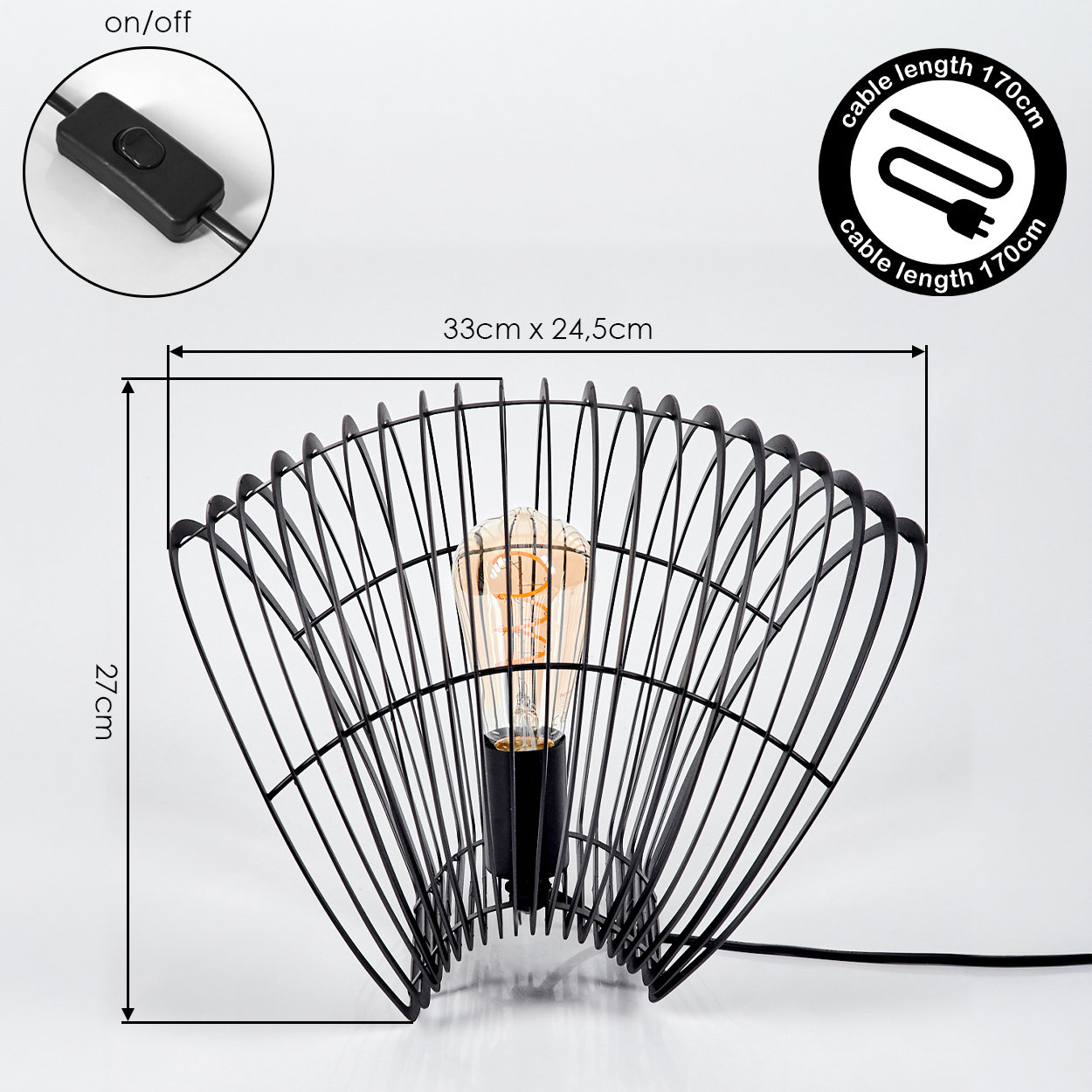 Schwarze Drahtlampe mit Glühbirne, Maße 33x24,5cm, Höhe 27cm.
