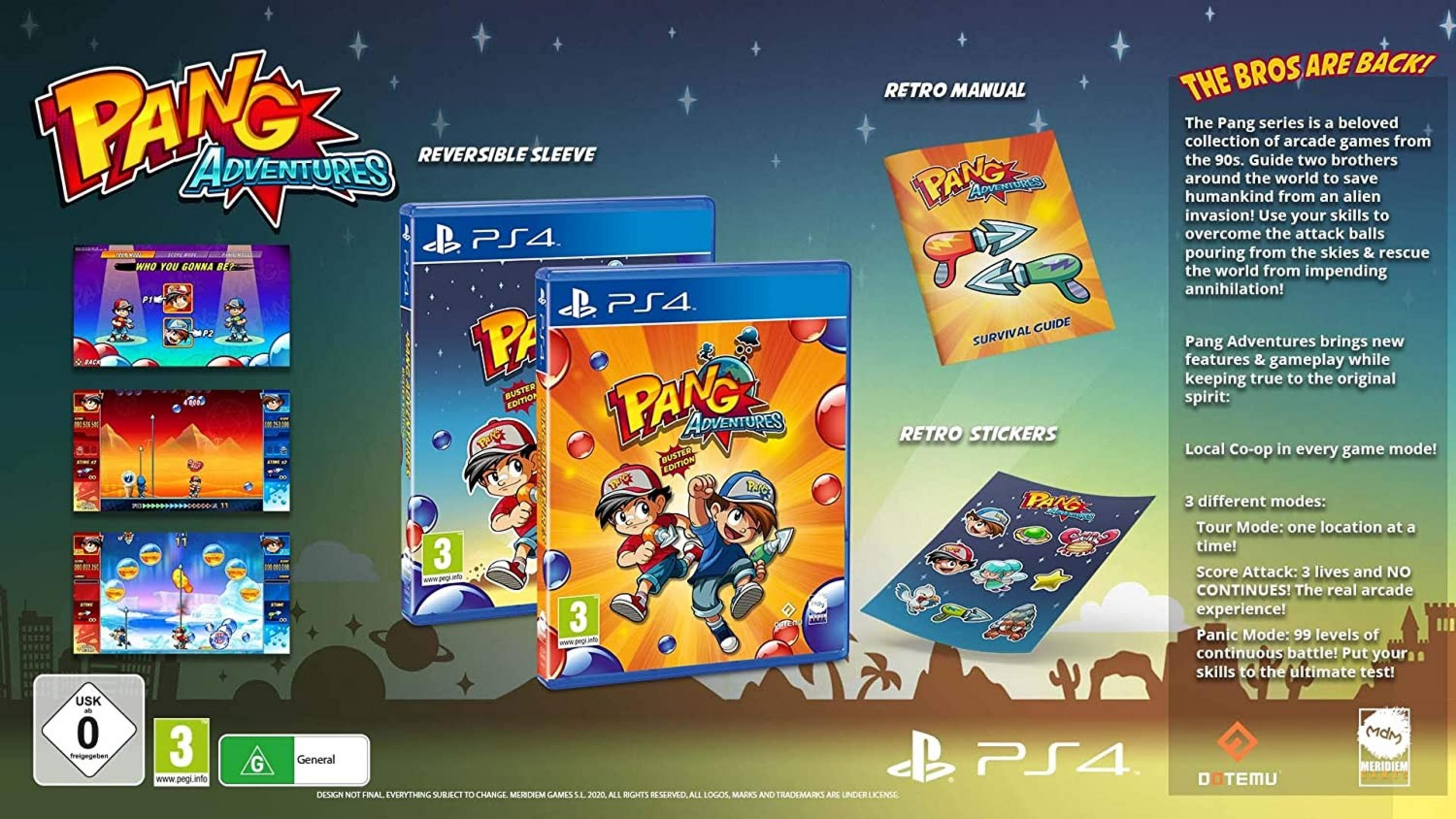 Copertina del gioco Pang Adventures PS4 con elementi retrò e scene.