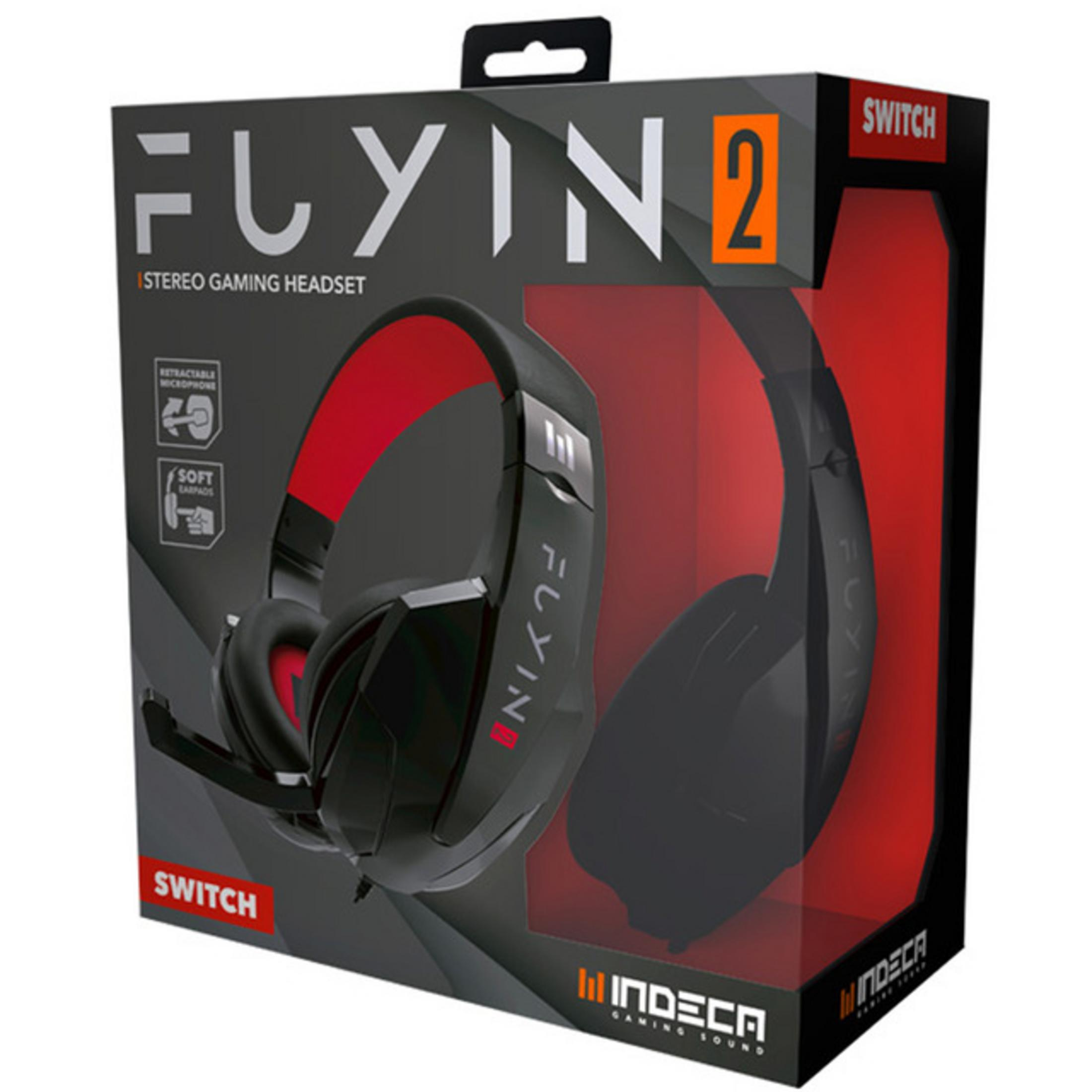 Confezione di un headset da gaming nero con accenti rossi, etichettato FLYIN 2.