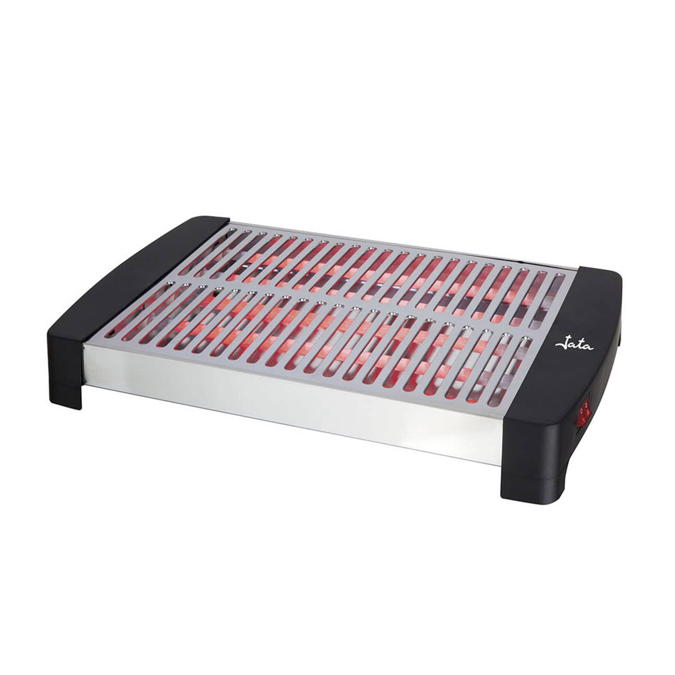 Parrilla eléctrica de sobremesa con rejilla plateada y elementos calefactores rojos.