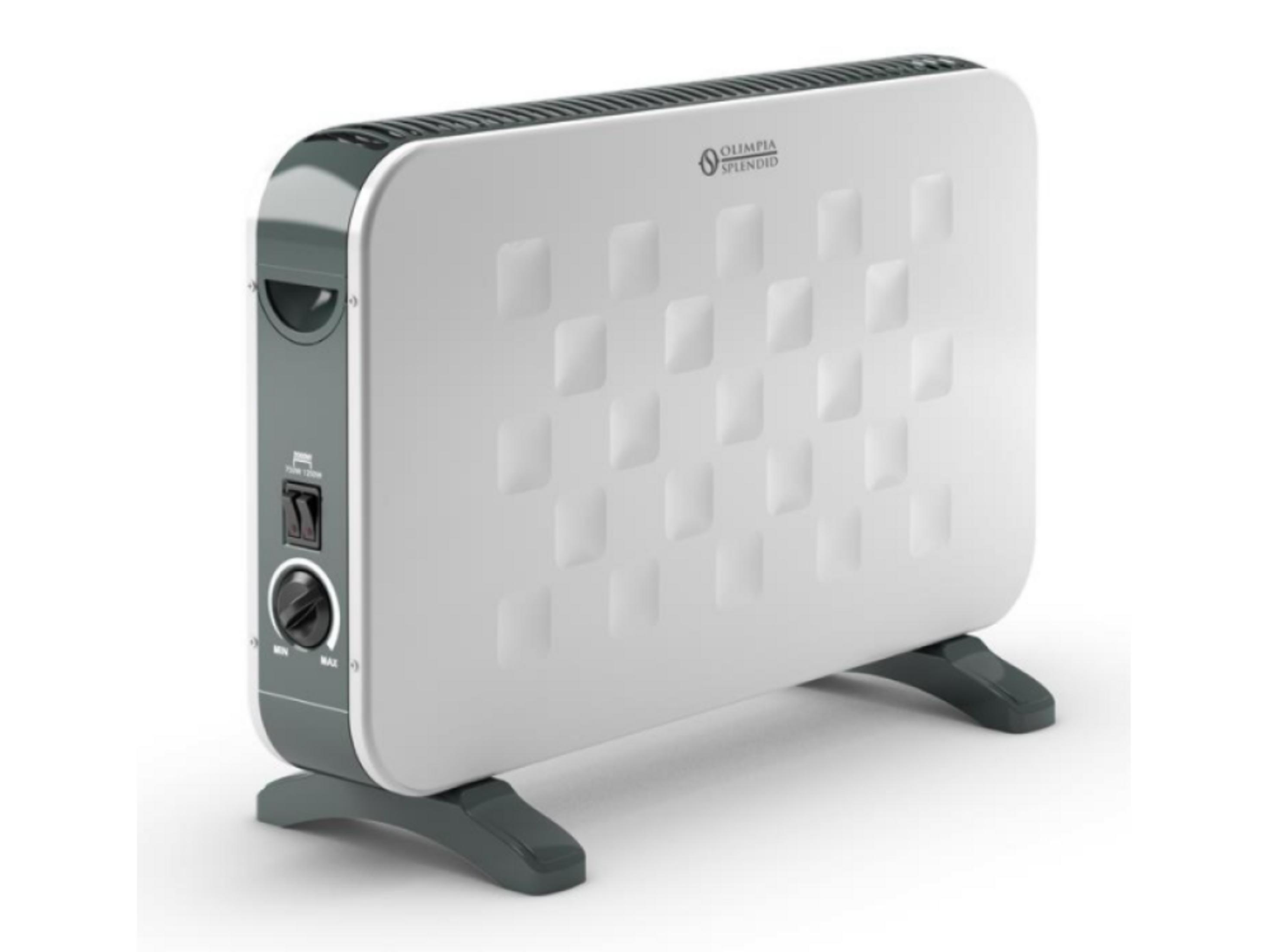 A white heater with gray accents and feet. Vents are at the top.