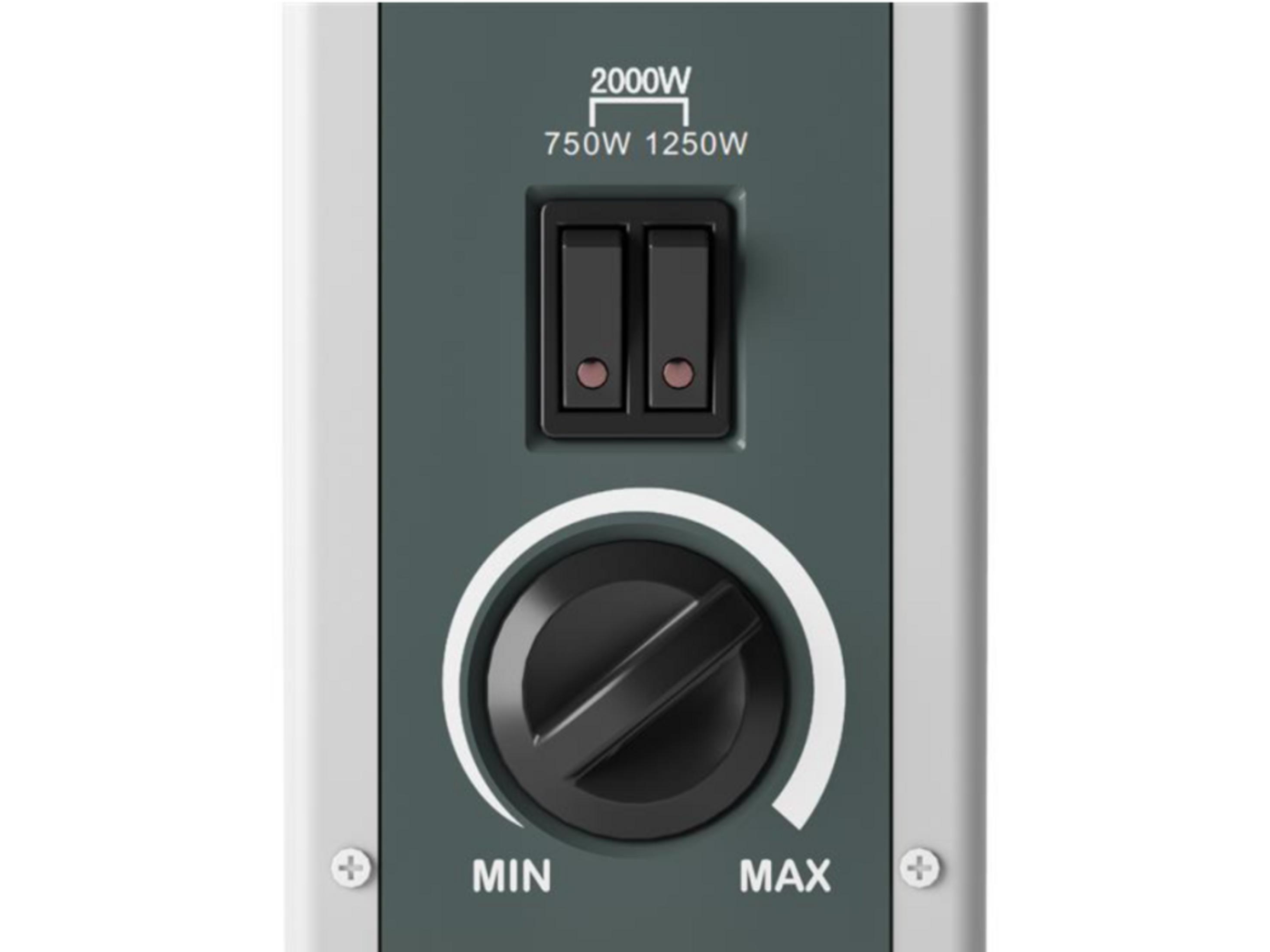 A heater control panel with two switches and a dial from MIN to MAX.