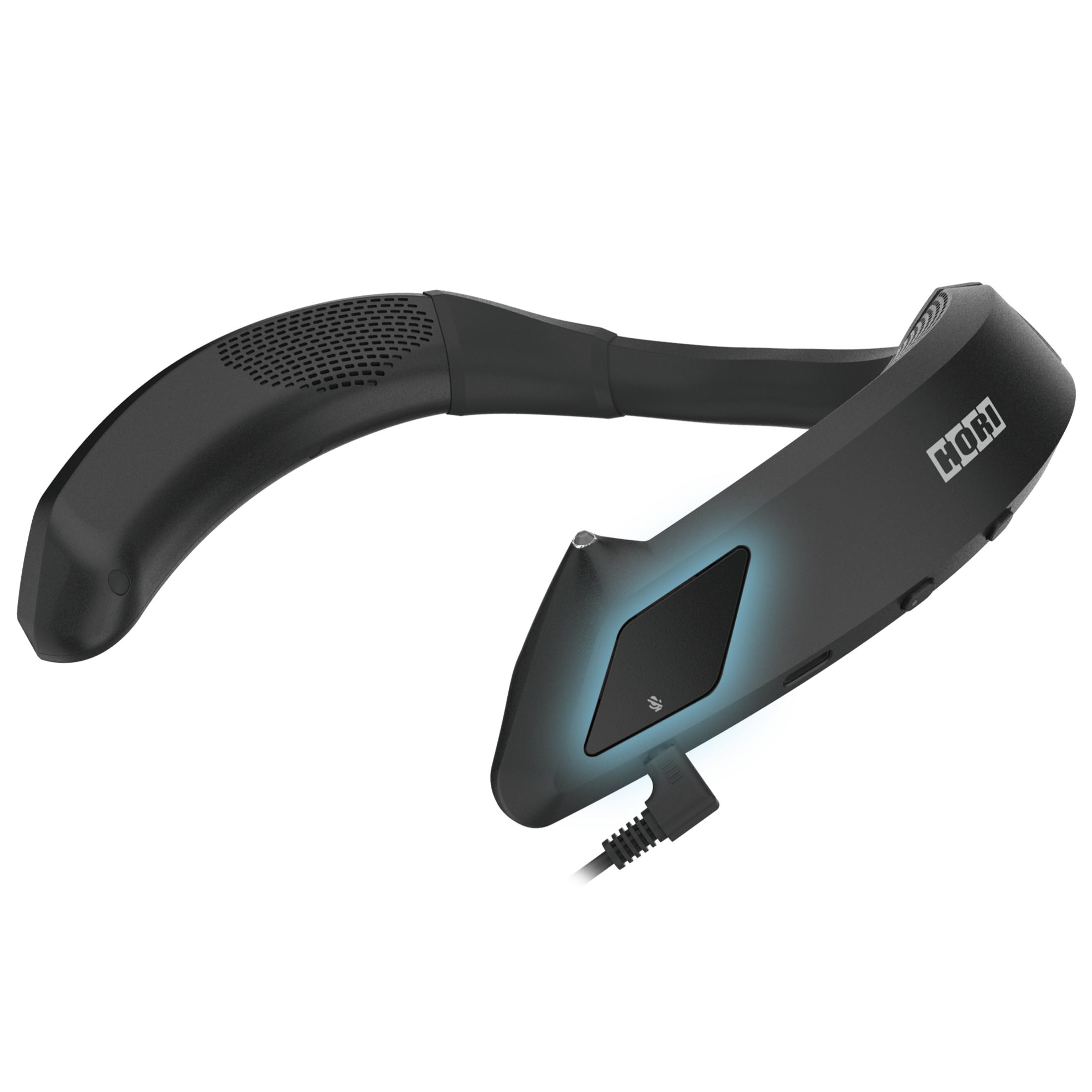Altoparlante da collo nero con pannello di controllo illuminato di blu e logo Hori.