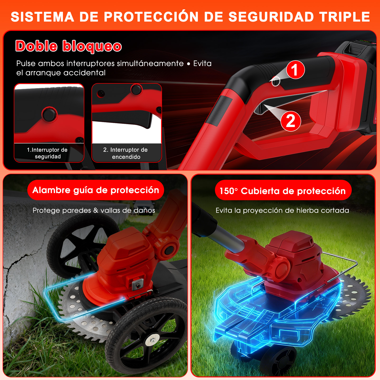 Sistema de triple seguridad con herramientas rojas y primeros planos de características de seguridad.