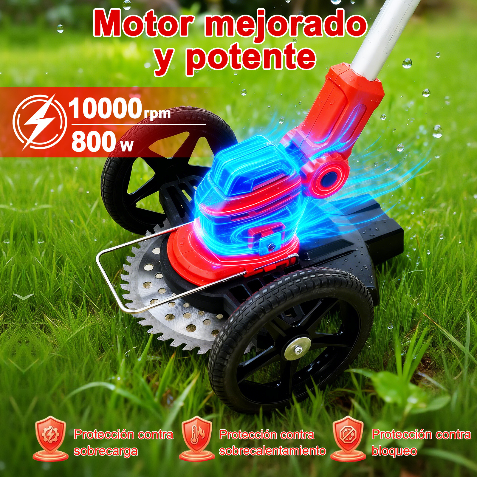 Cortacésped rojo y azul de 10000 rpm y 800 W sobre césped.