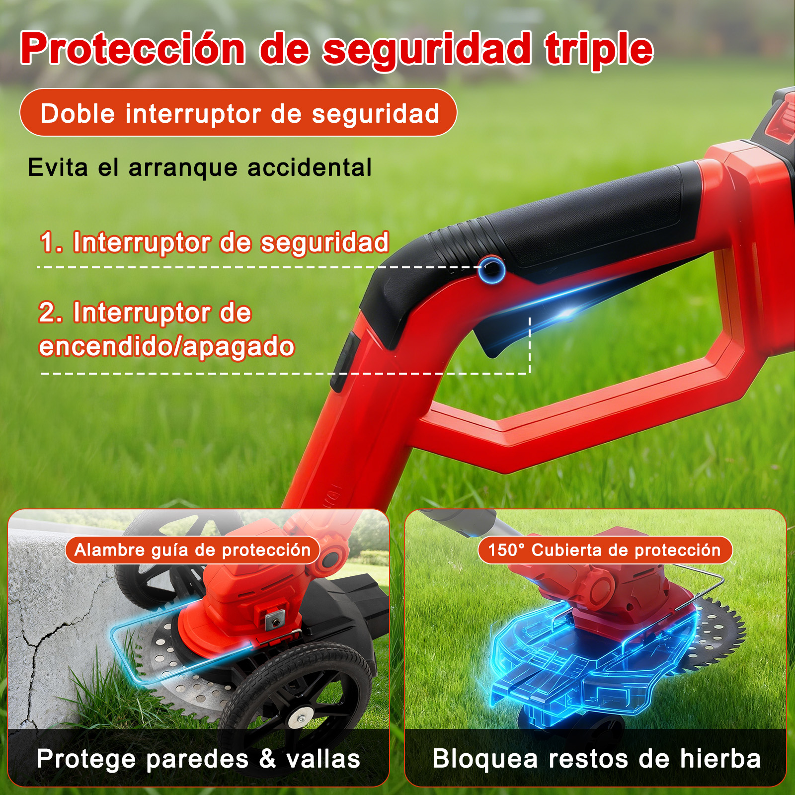 Cortacésped rojo con características de seguridad: doble interruptor, alambre guía, cubierta 150°.