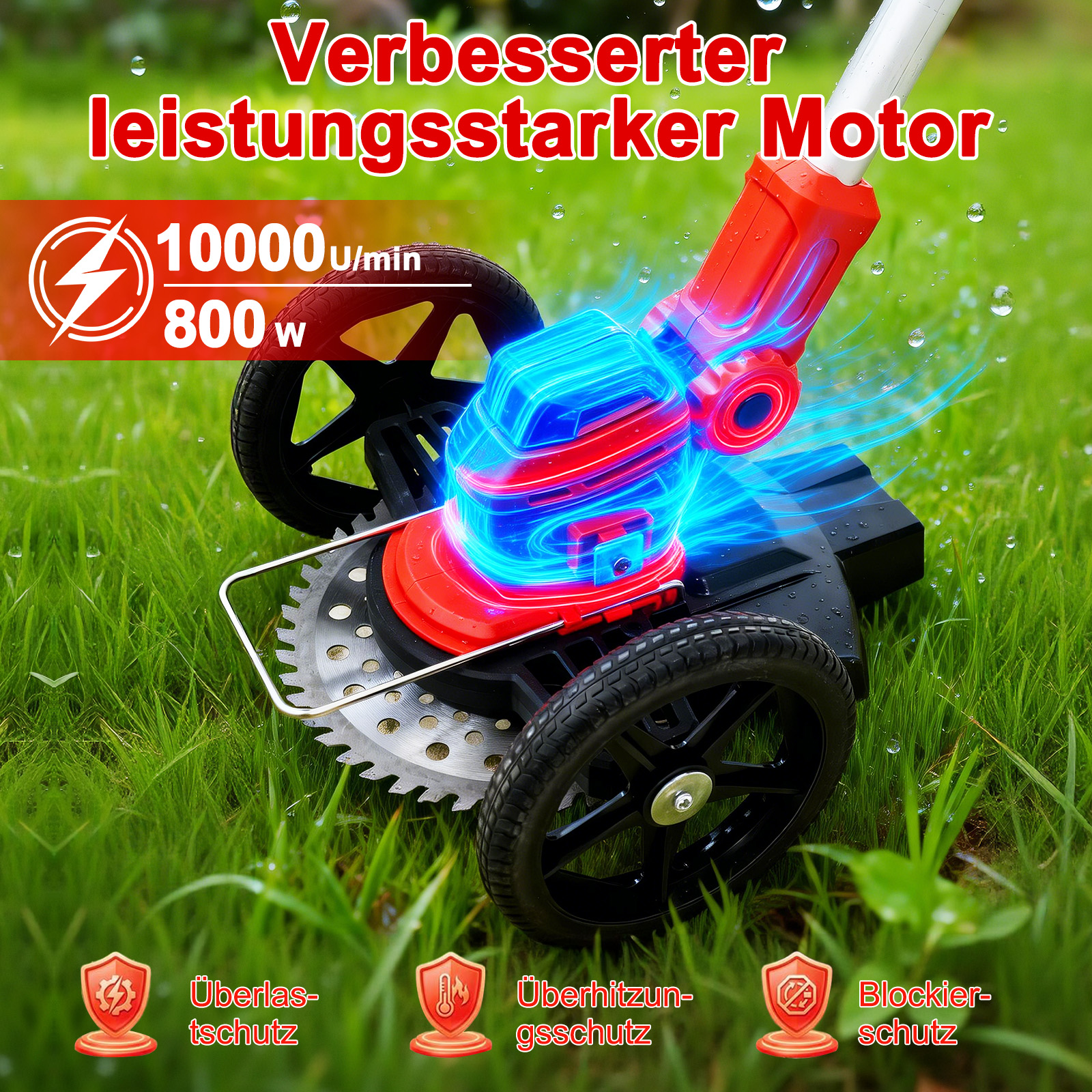 Ein roter Rasentrimmer mit blauem Lichteffekt steht auf grünem Gras. Spezifikationen sind angezeigt.