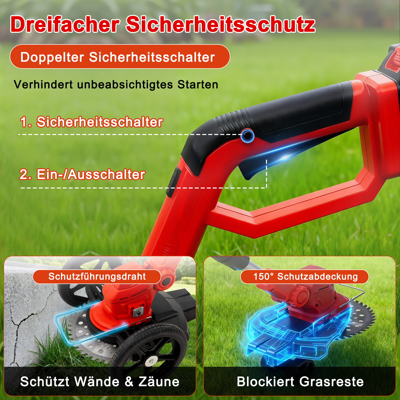 Rote Heckenschere mit Sicherheitsschaltern und Schutzvorrichtungen für Kanten und Gras.