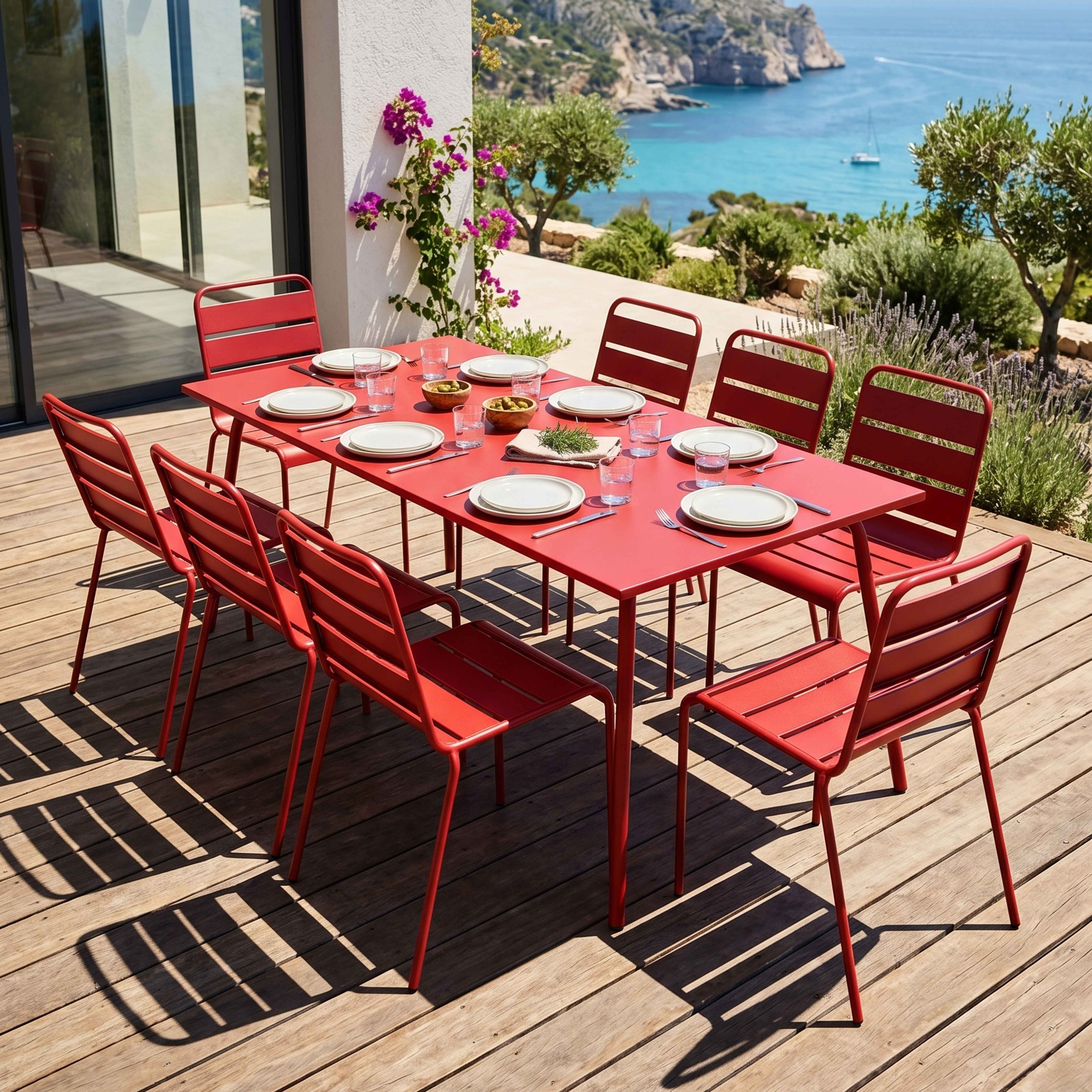 Roter Tisch mit acht Stühlen auf Holzterrasse, Meerblick im Hintergrund.
