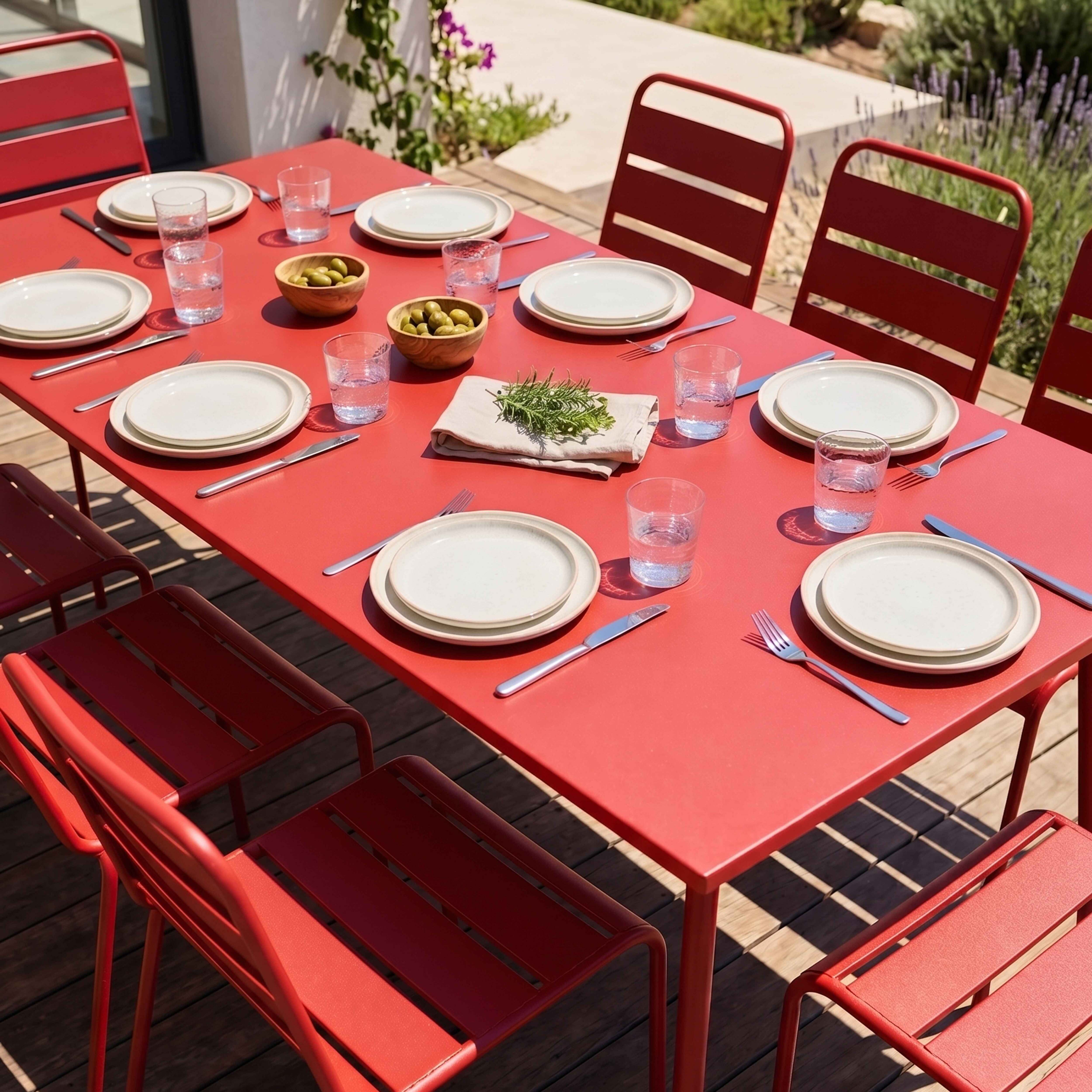 Ein roter Tisch mit gedeckten Tellern und Gläsern im Freien.