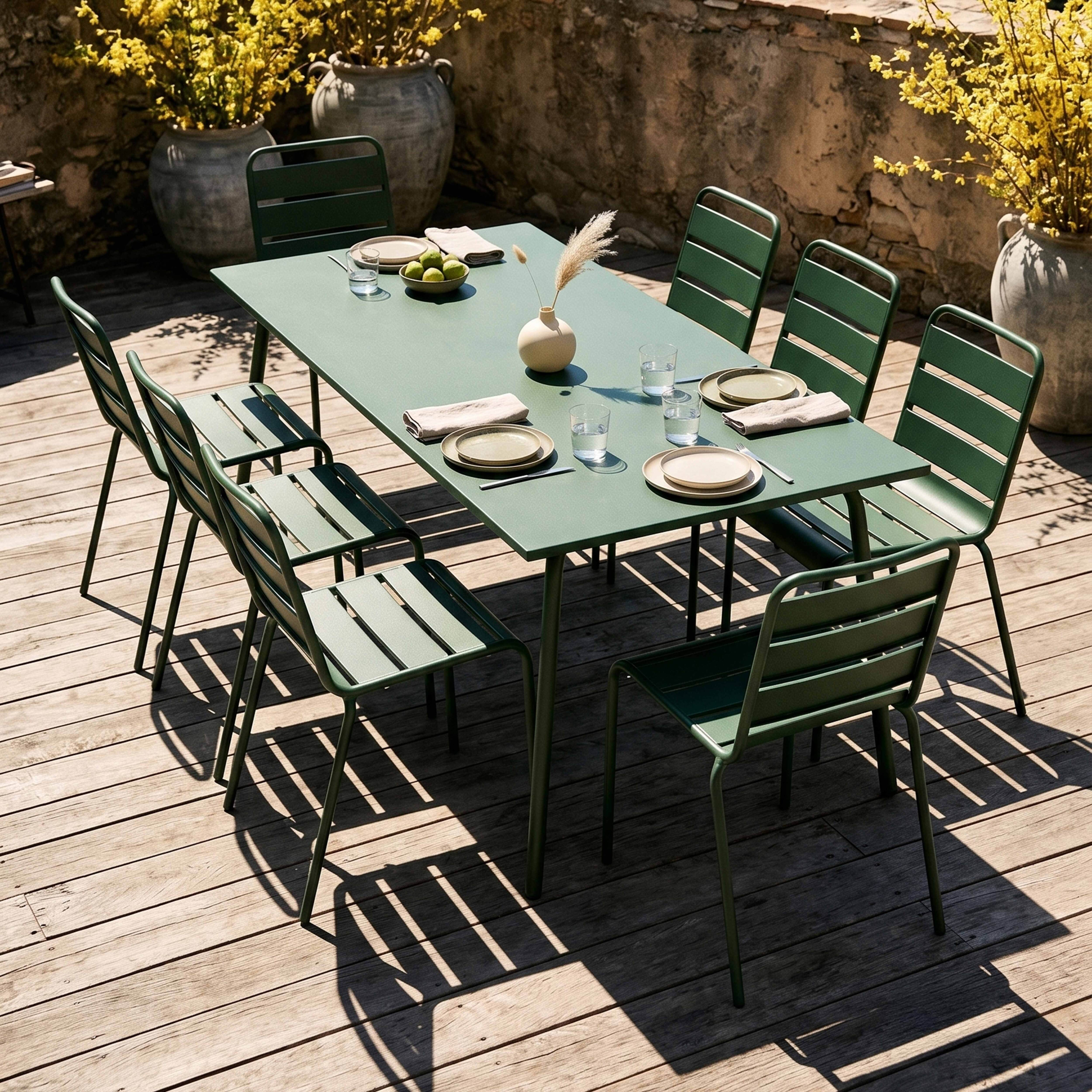 Grüner Gartentisch mit Stühlen auf Holzdeck, mit Vasen und Pflanzen im Hintergrund.