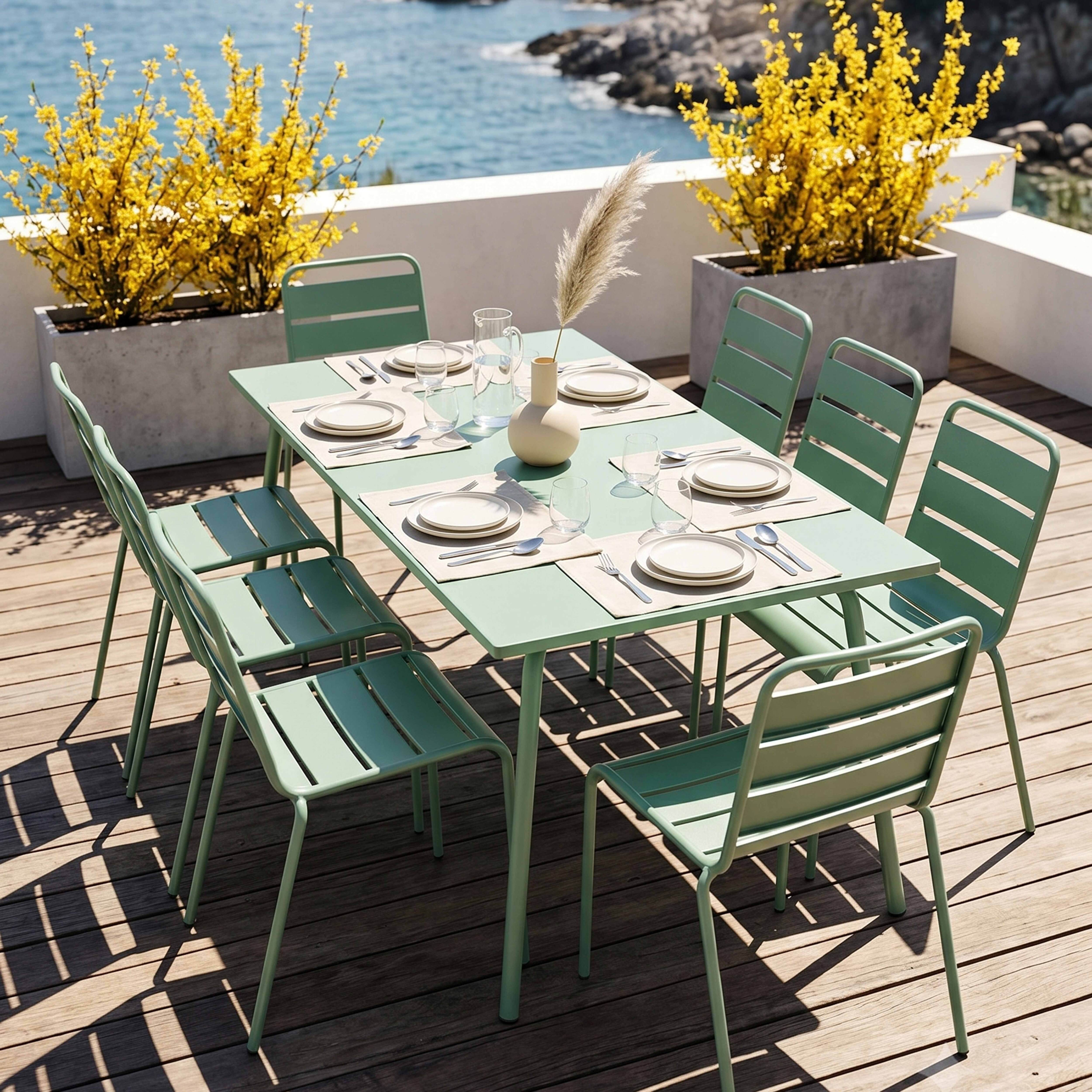 Ein mintgrüner Gartentisch mit Stühlen und Geschirr, am Meer.