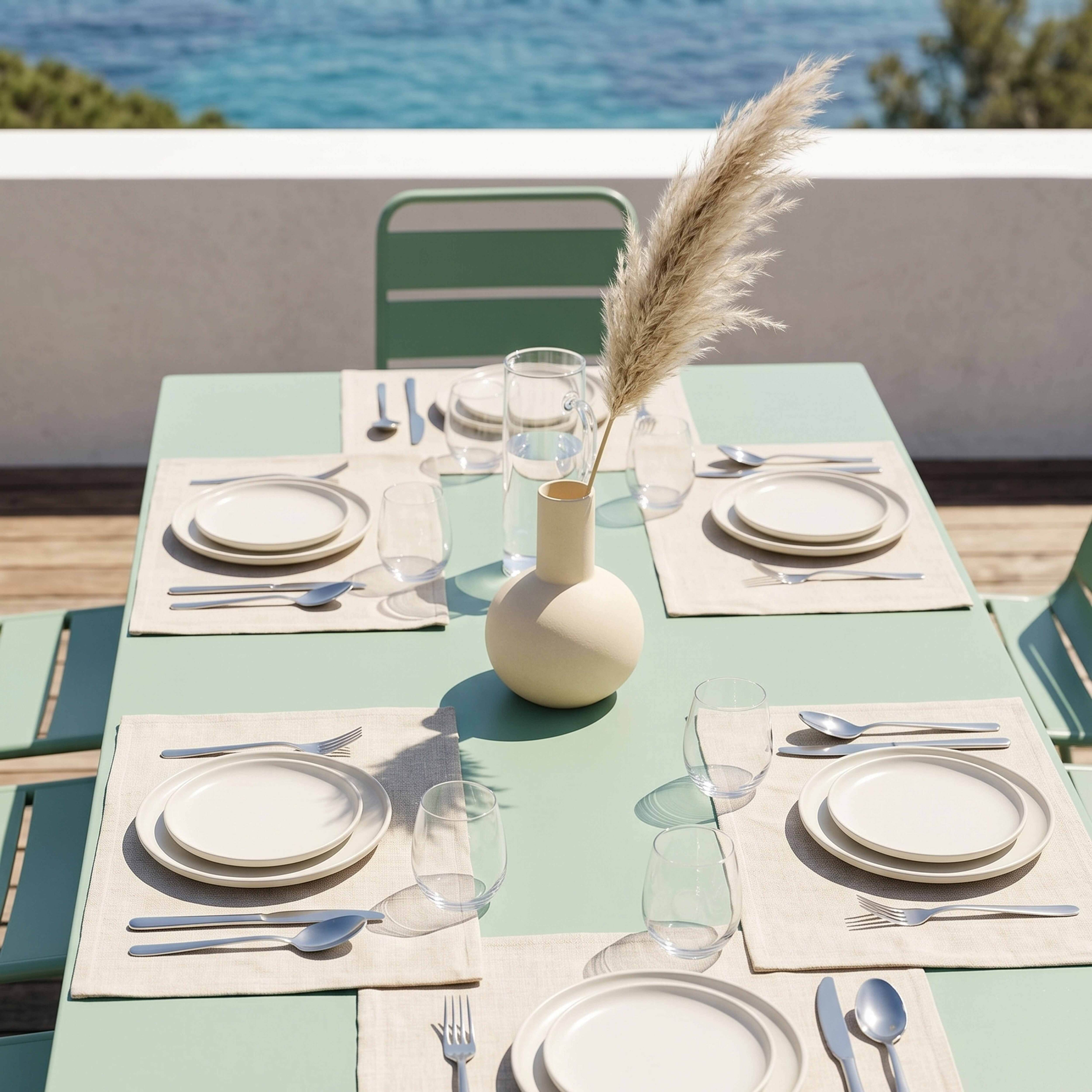 Ein hellgrüner Tisch mit Gedecken, Vase mit Federbusch, Meer im Hintergrund.