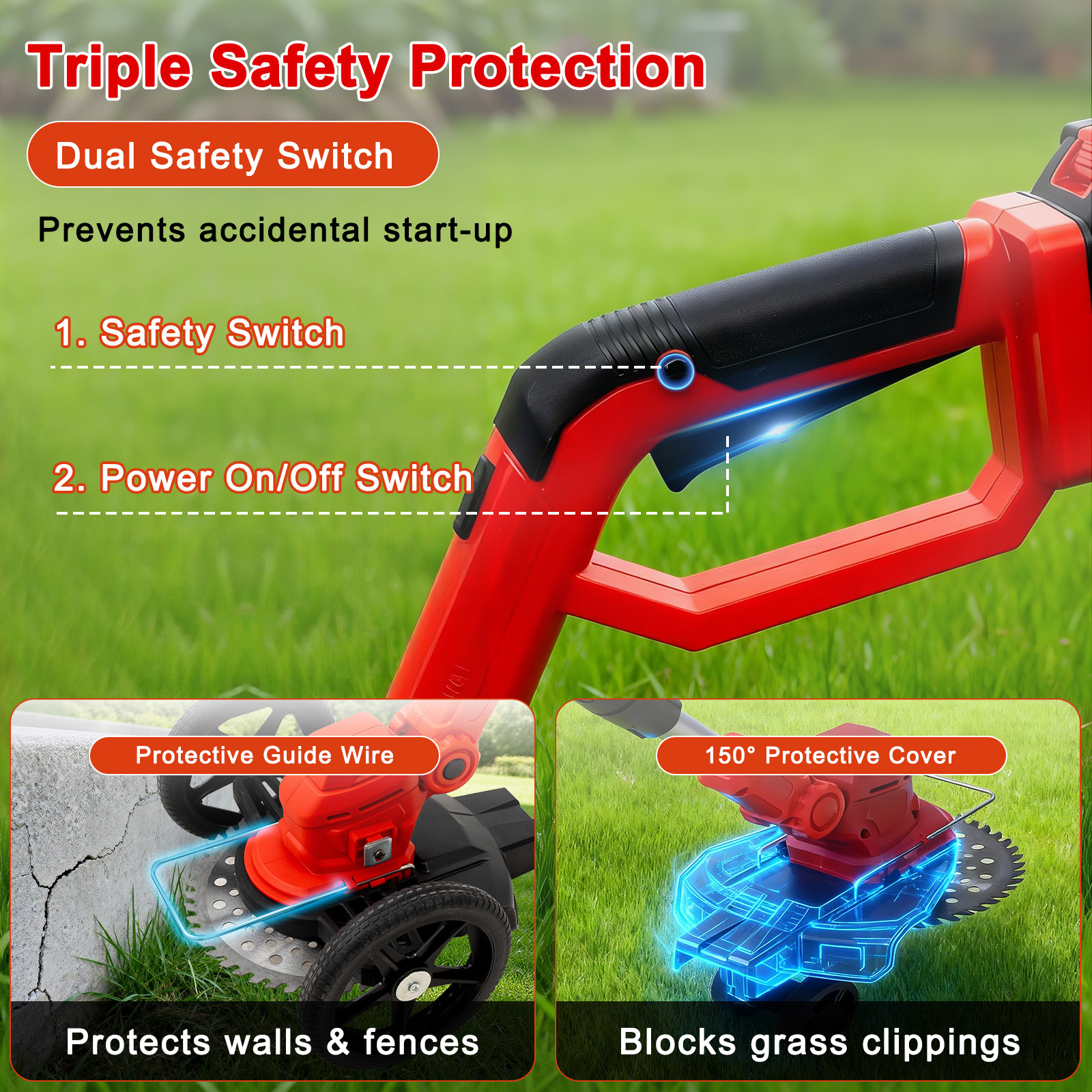 Triple safety protection with dual switches, guide wire, and 150° cover.