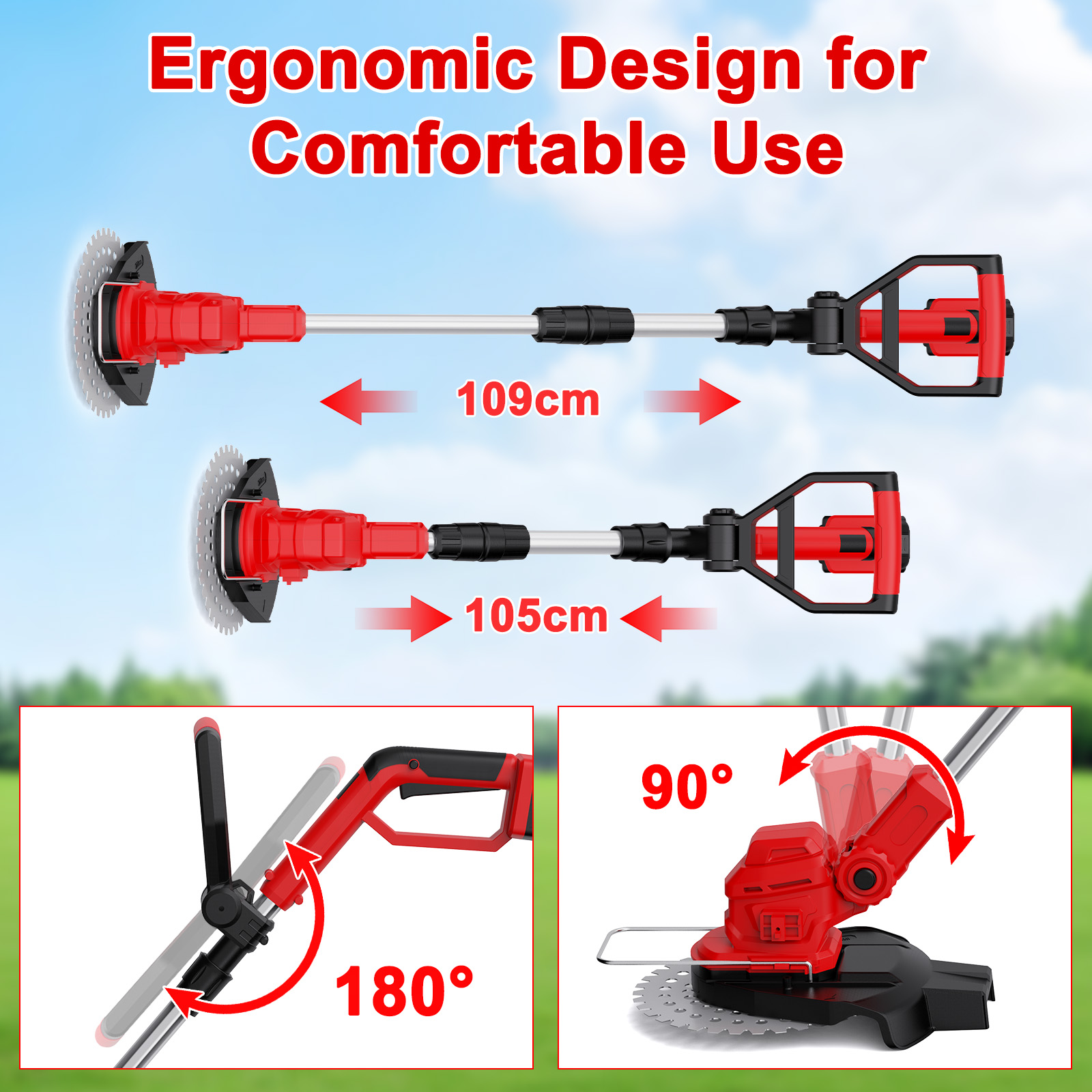 Two grass trimmer parts, one 109cm, one 105cm. Bottom details show 180° and 90° angles.