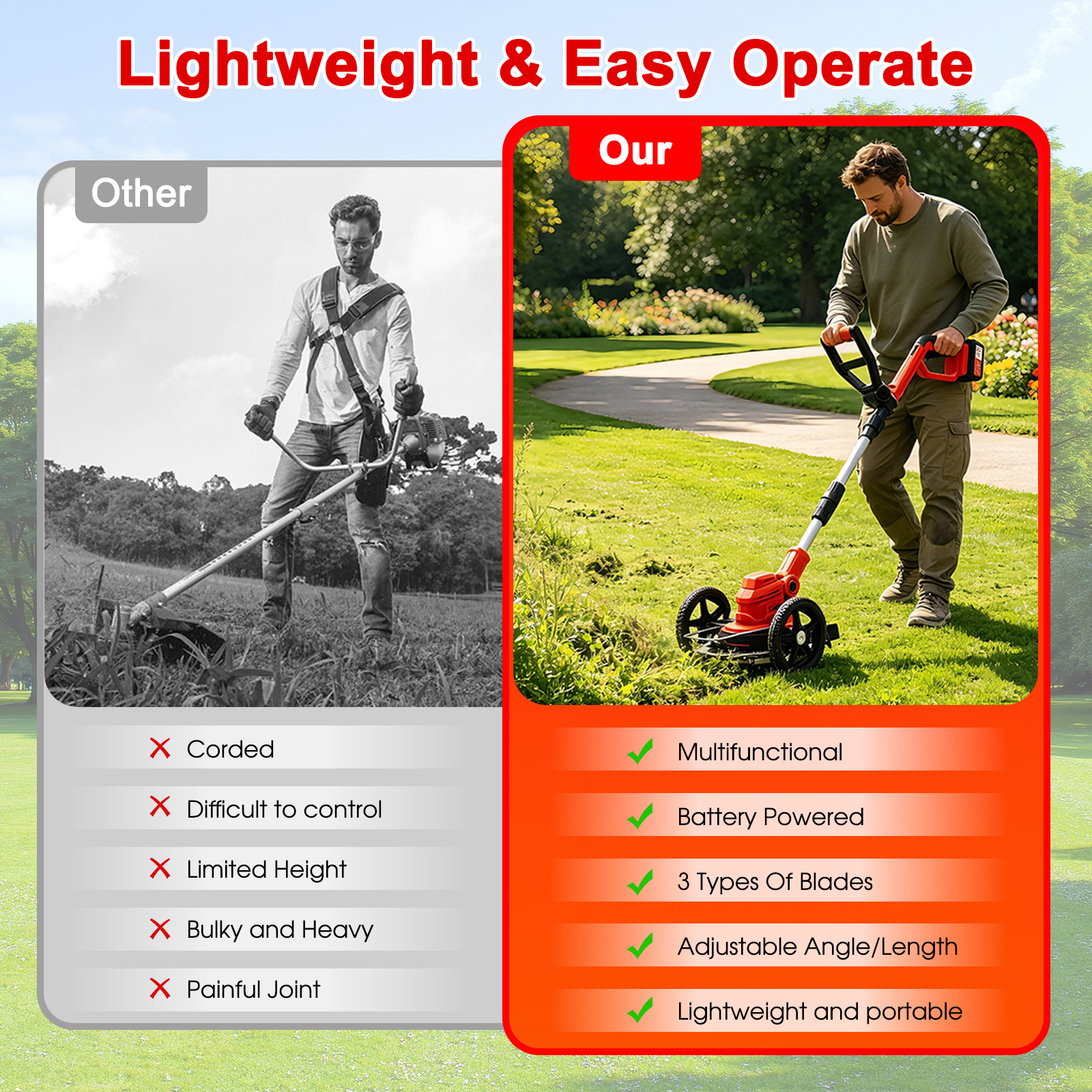 Comparison of a corded trimmer with a battery-powered trimmer in a garden.