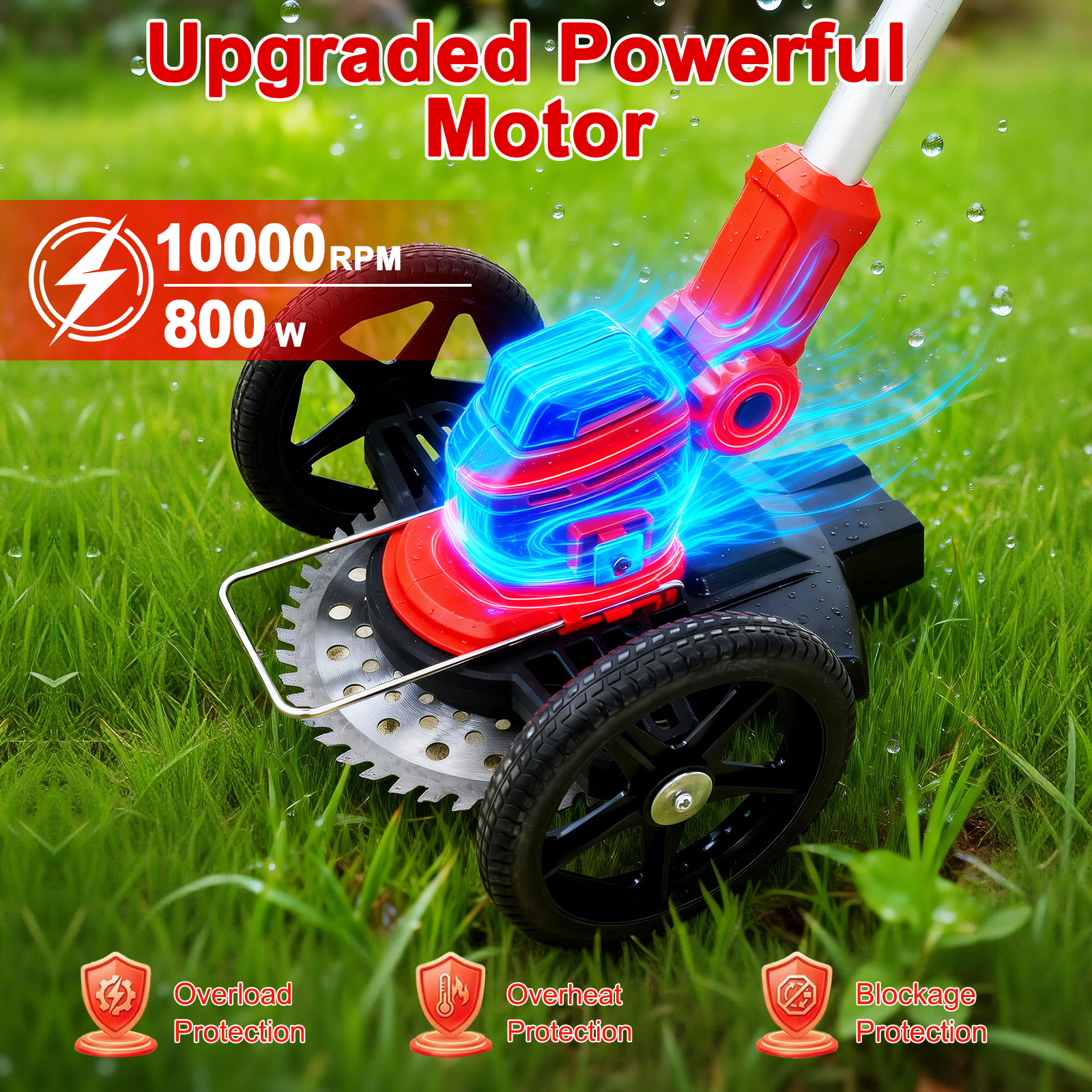 A red lawn mower with wheels and a blade on green grass.