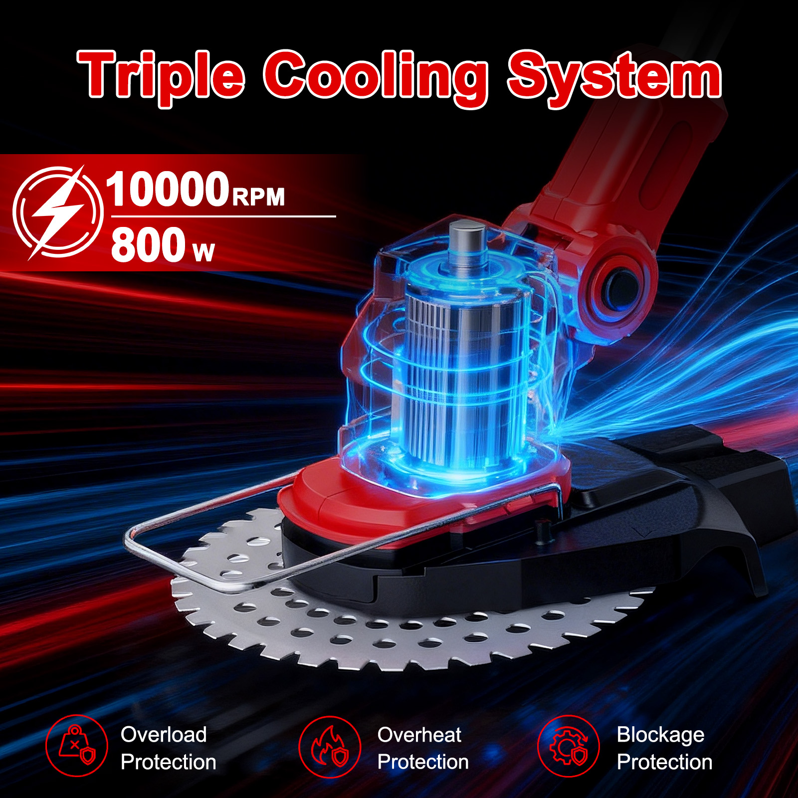 A red trimmer with a circular blade, showing a blue cooling mechanism.