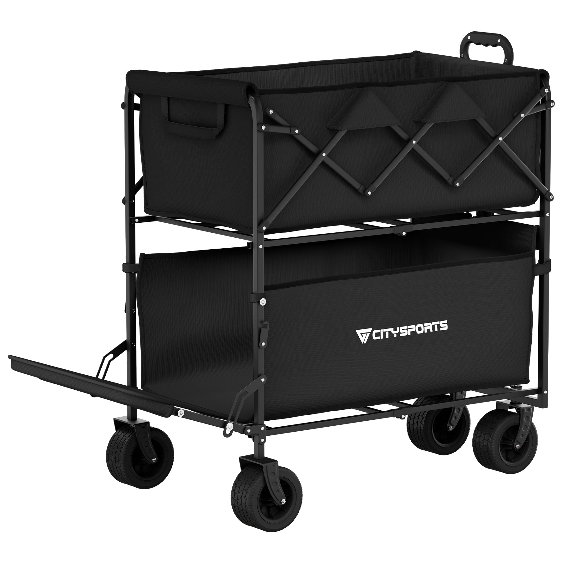Ein schwarzer, zweistöckiger Outdoor-Wagen mit Rädern und ausziehbarem Griff.