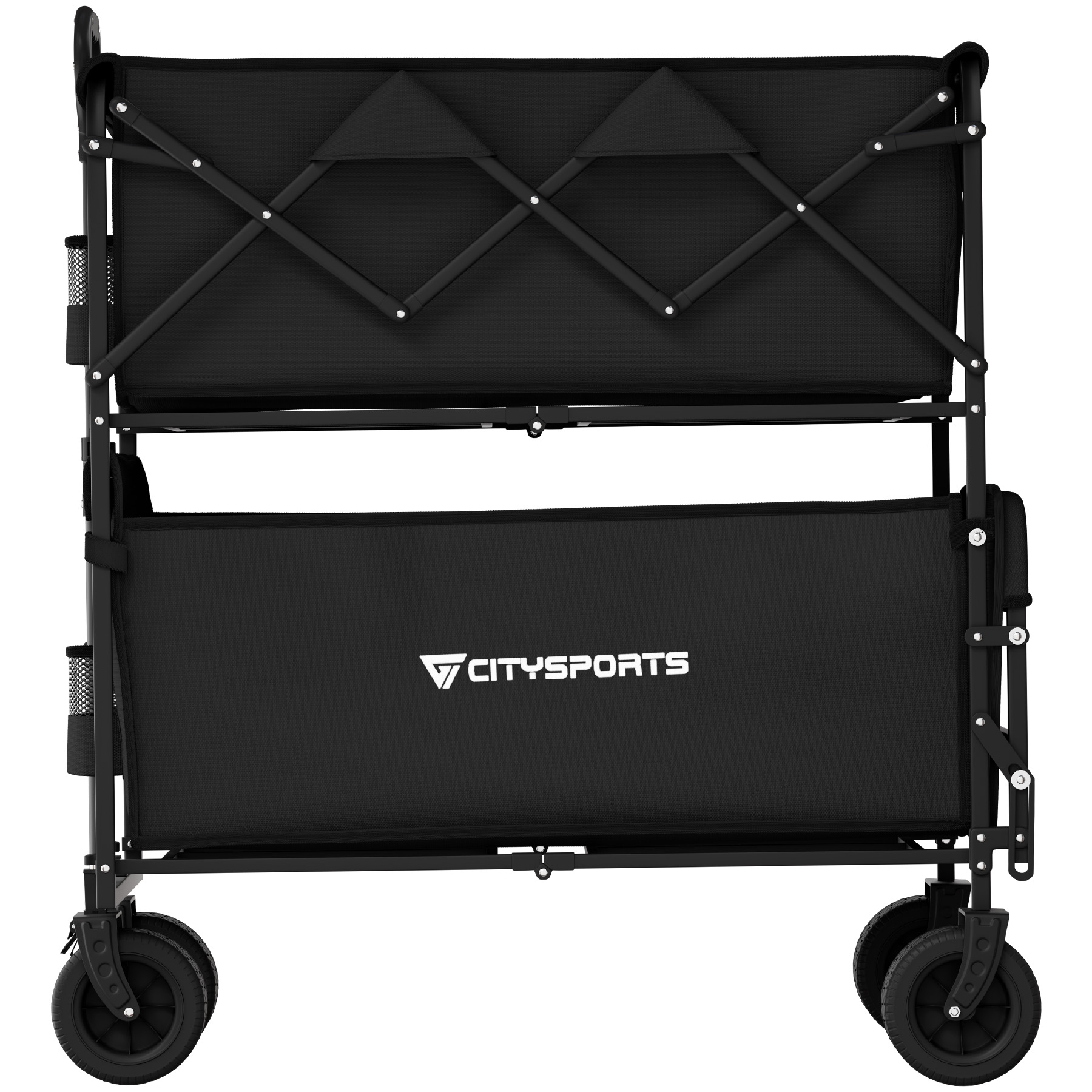 Ein schwarzer Faltwagen mit zwei Ebenen und dem Logo CITYSPORTS.