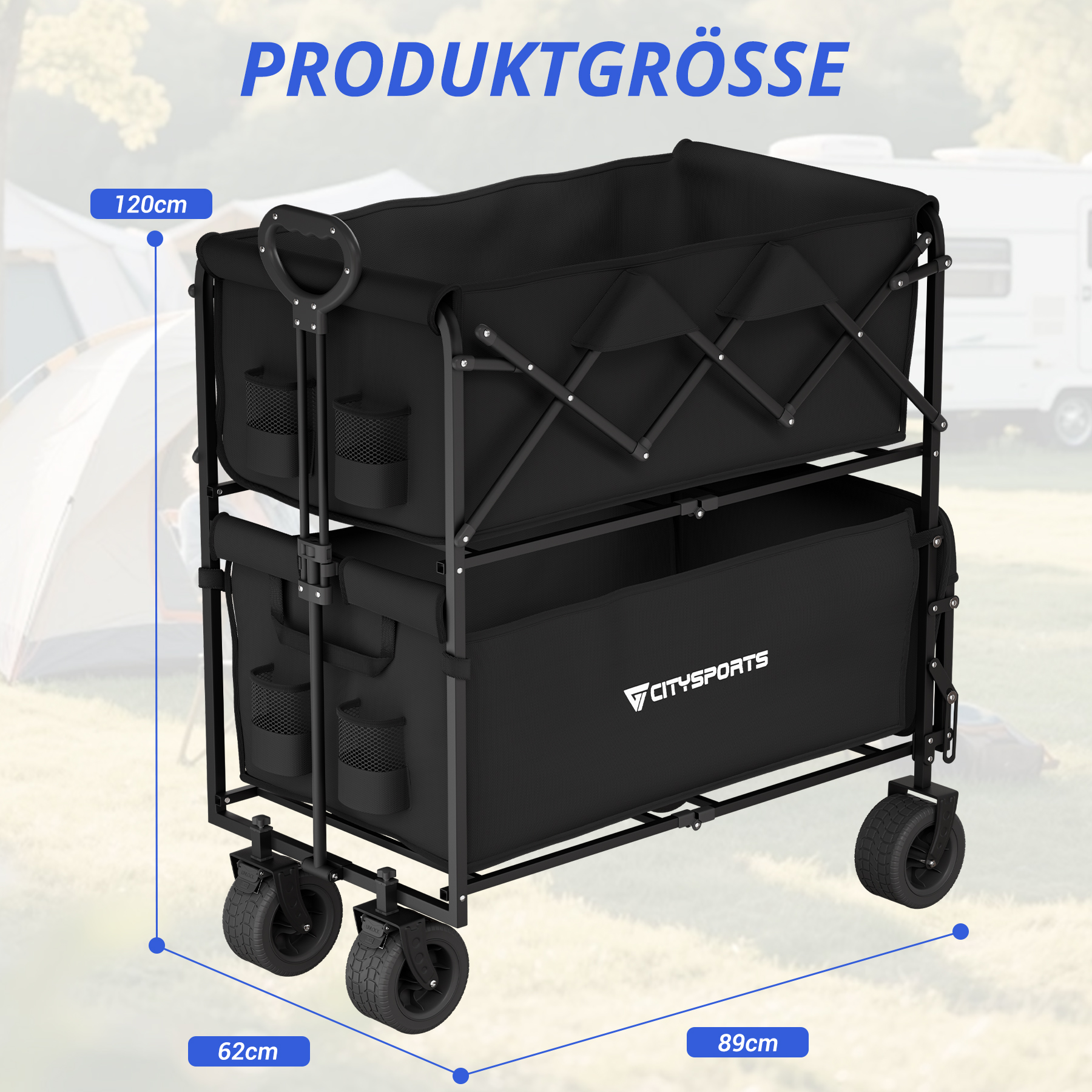 Schwarzer Outdoor-Wagen mit zwei Ebenen, Maße 120x62x89cm.