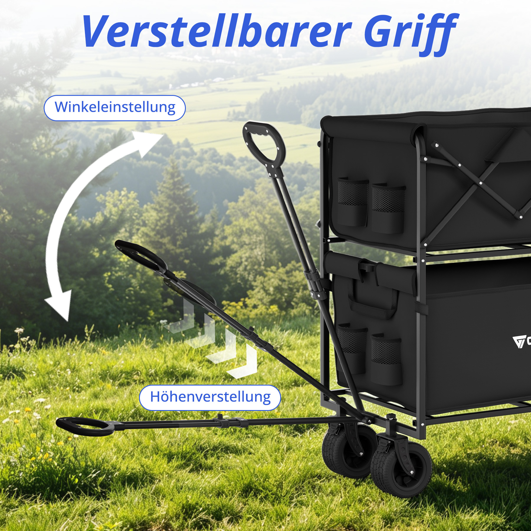 Ein schwarzer Bollerwagen mit verstellbarem Griff im Freien auf Gras.