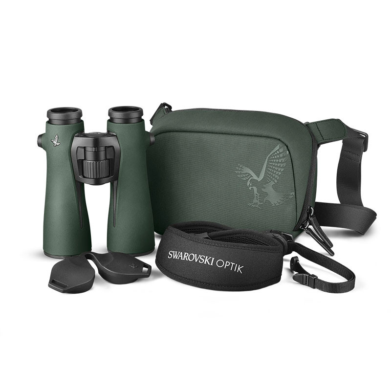 Dark green binoculars with a bag, strap, and lens caps.