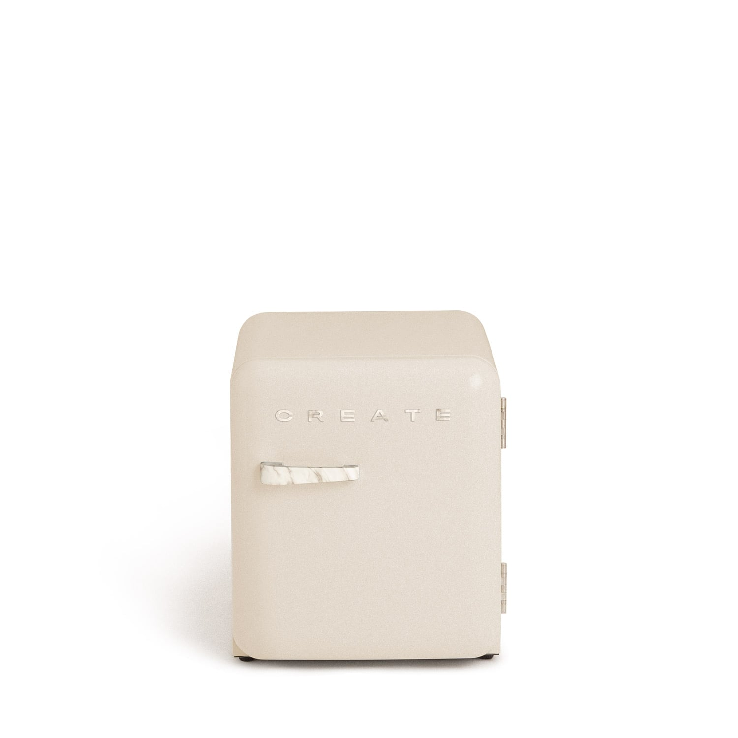 Una mini nevera color crema con asa de mármol y la palabra CREATE.