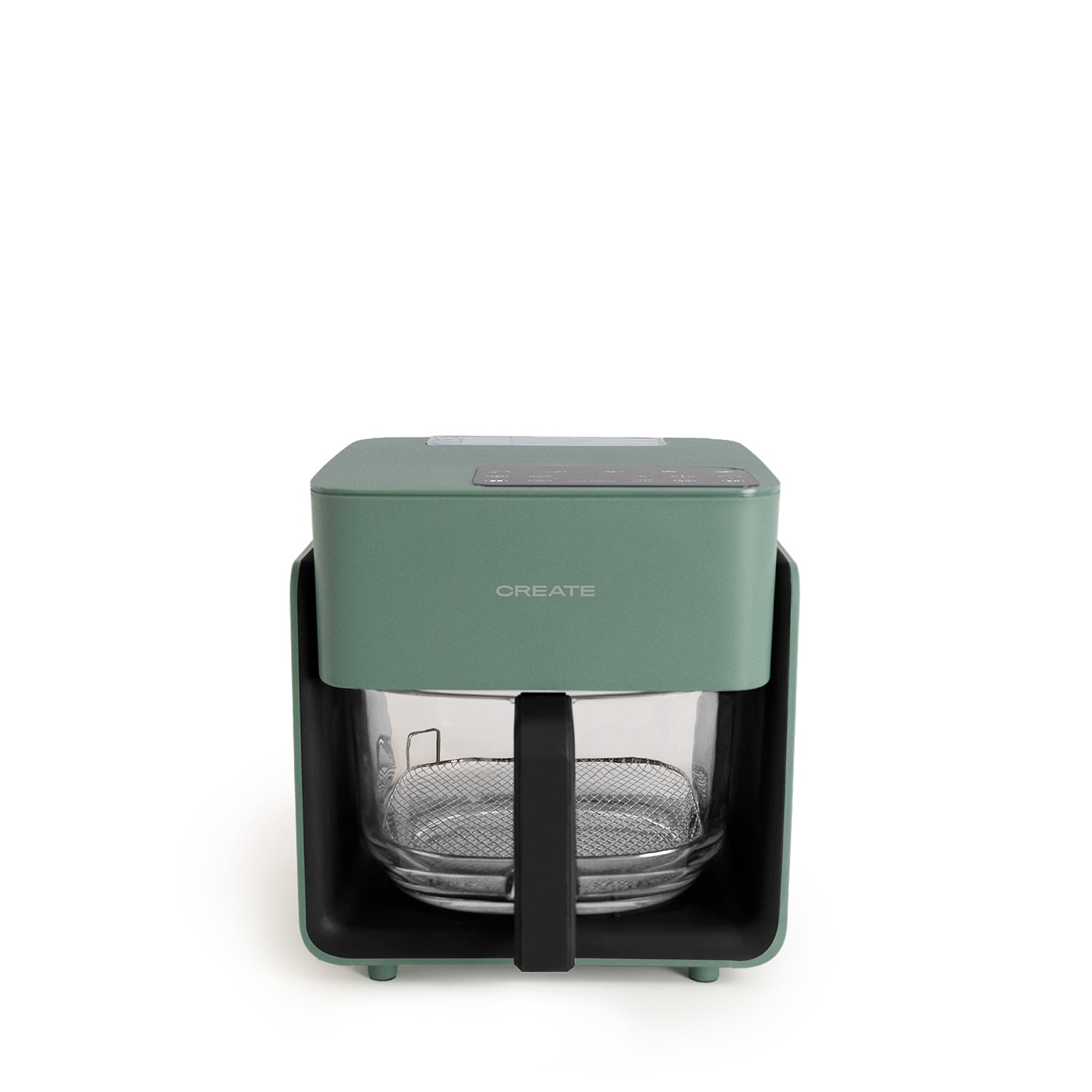 Una freidora de aire verde con recipiente de vidrio y cesta metálica.
