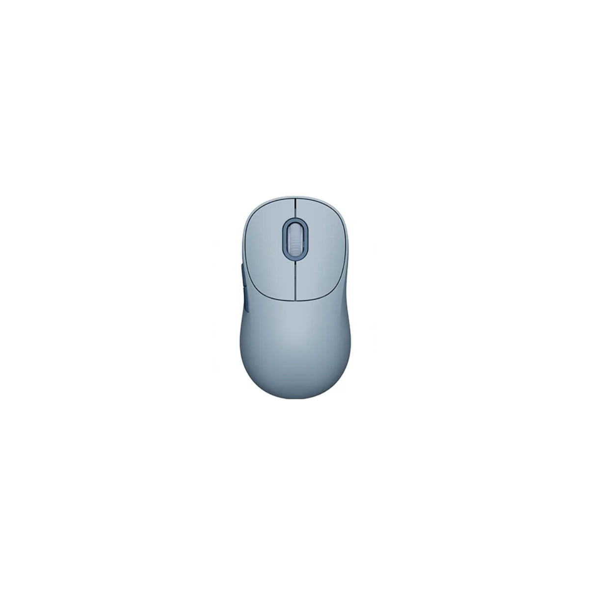 Un mouse per computer blu chiaro con due pulsanti e una rotella su sfondo bianco.