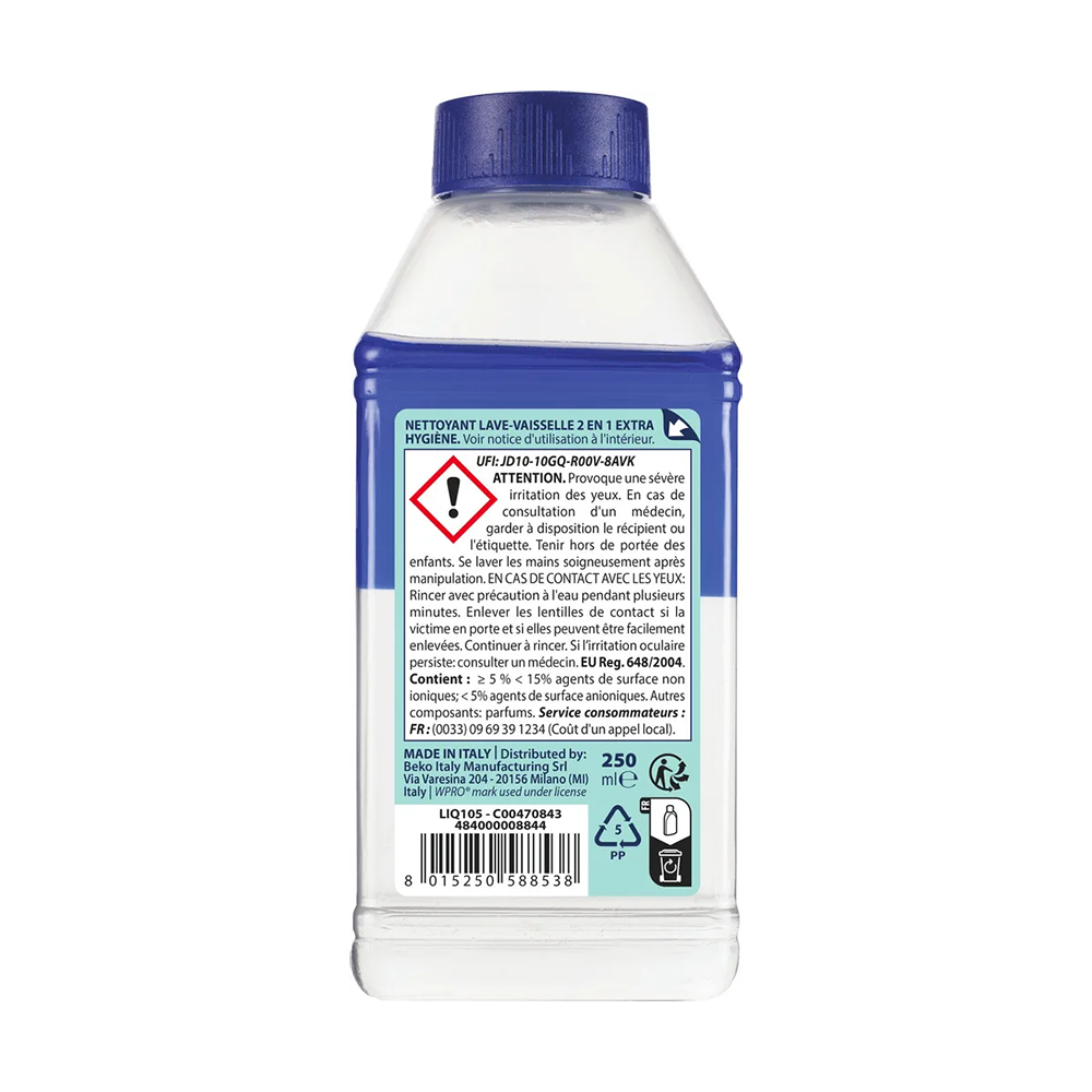 Flasche mit Spülmittel und Warnhinweisen auf Französisch.