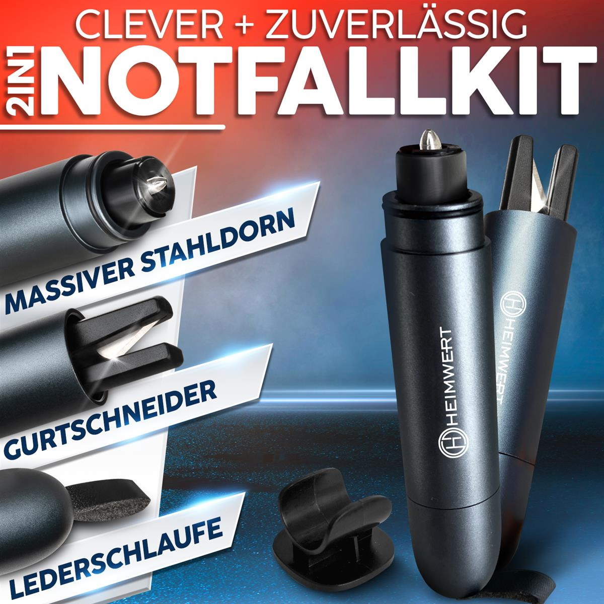 2in1 Notfall-Kit: Glasbrecher, Gurtschneider, Lederöse. Clever & zuverlässig.