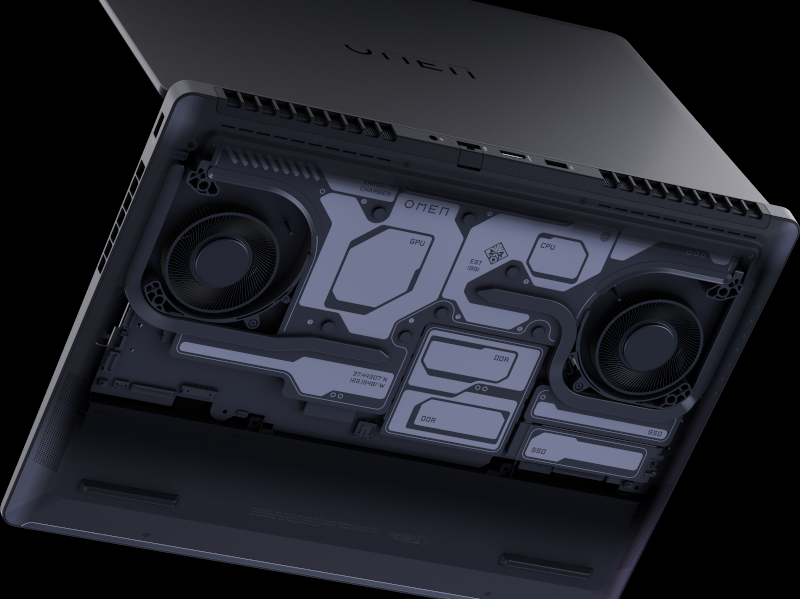 Açık dizüstü bilgisayar iç bileşenleri gösteriyor: fanlar, CPU, GPU, DDR ve SSD.