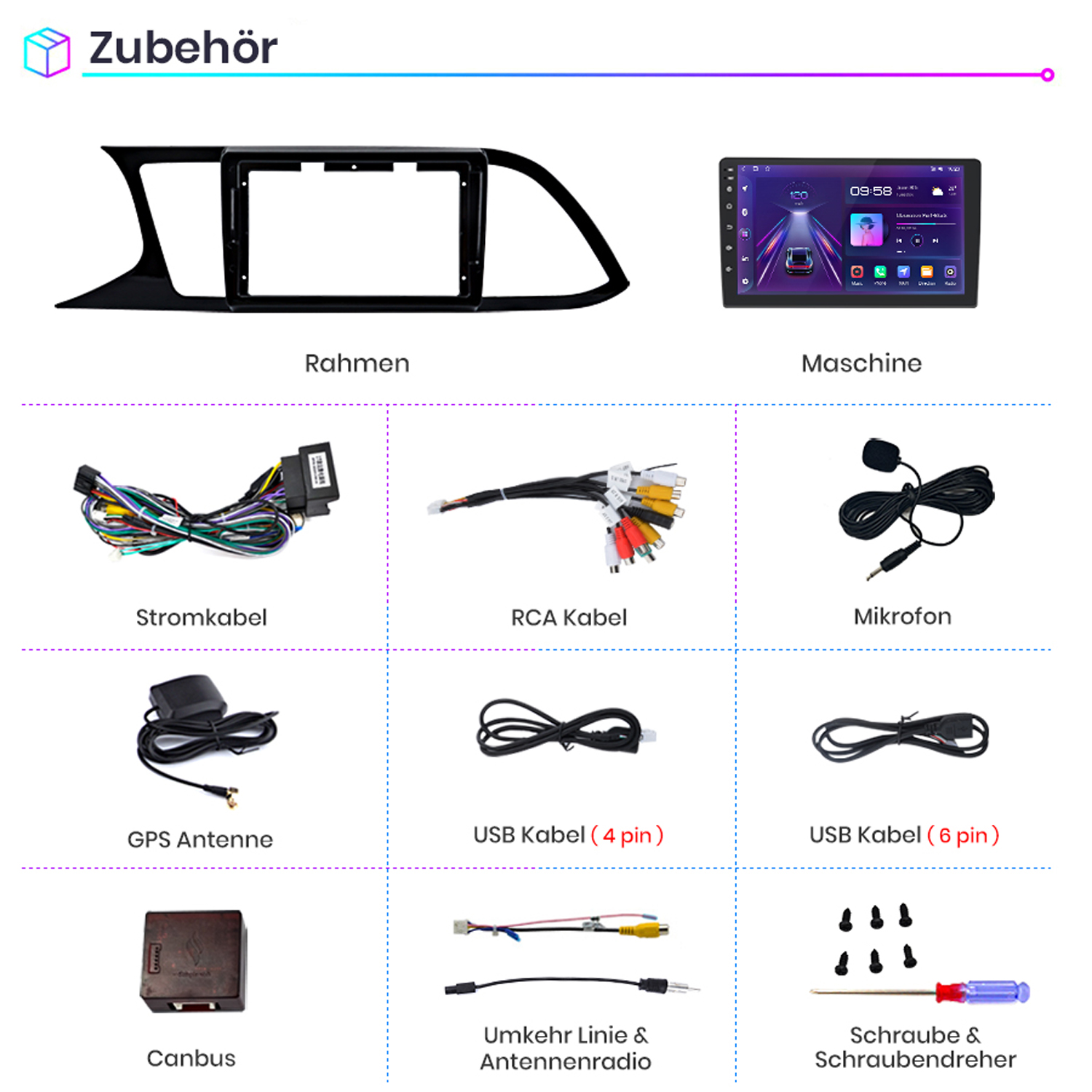 Einbaurahmen, Autoradio, Stromkabel, RCA-Kabel, Mikrofon, GPS-Antenne, USB-Kabel, Canbus, Rückfahrkamera-Adapter, Schrauben.