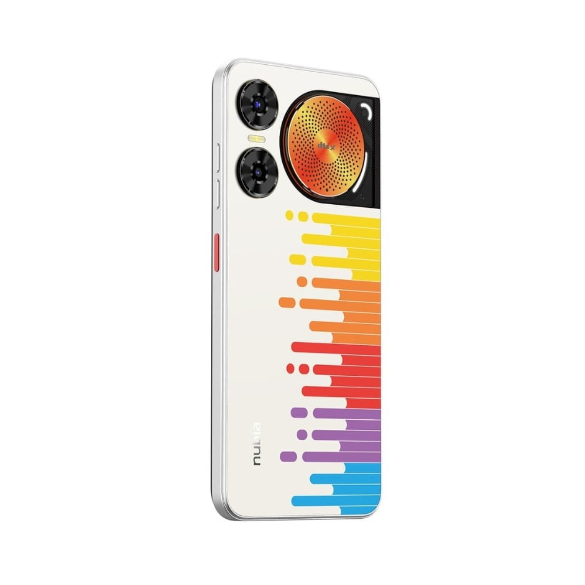 Ein Smartphone mit einem bunten Equalizer-Design und zwei Kameras auf der Rückseite.