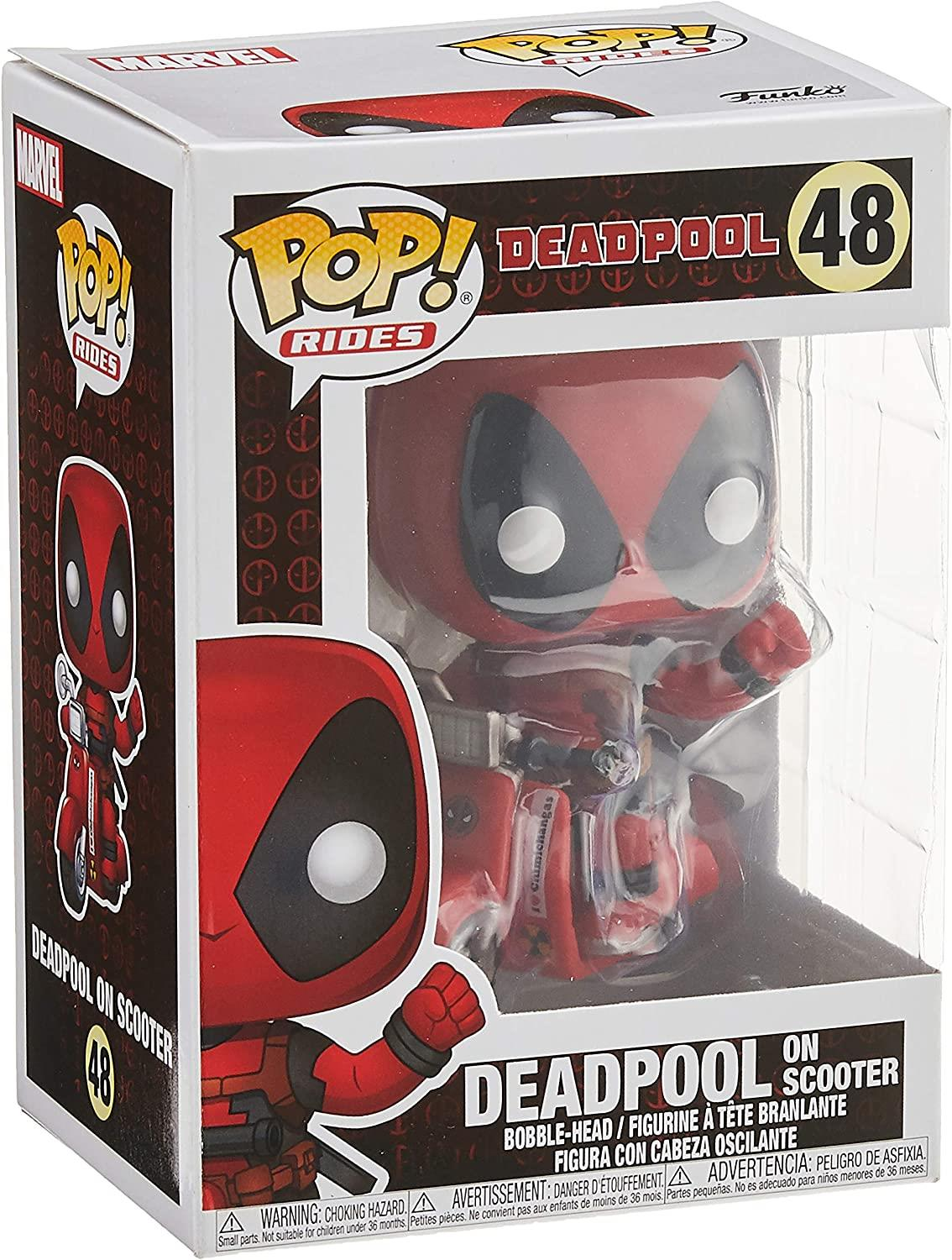 Funko Pop! Deadpool auf Roller Sammlerfigur im Karton. Deadpool trägt roten Anzug.