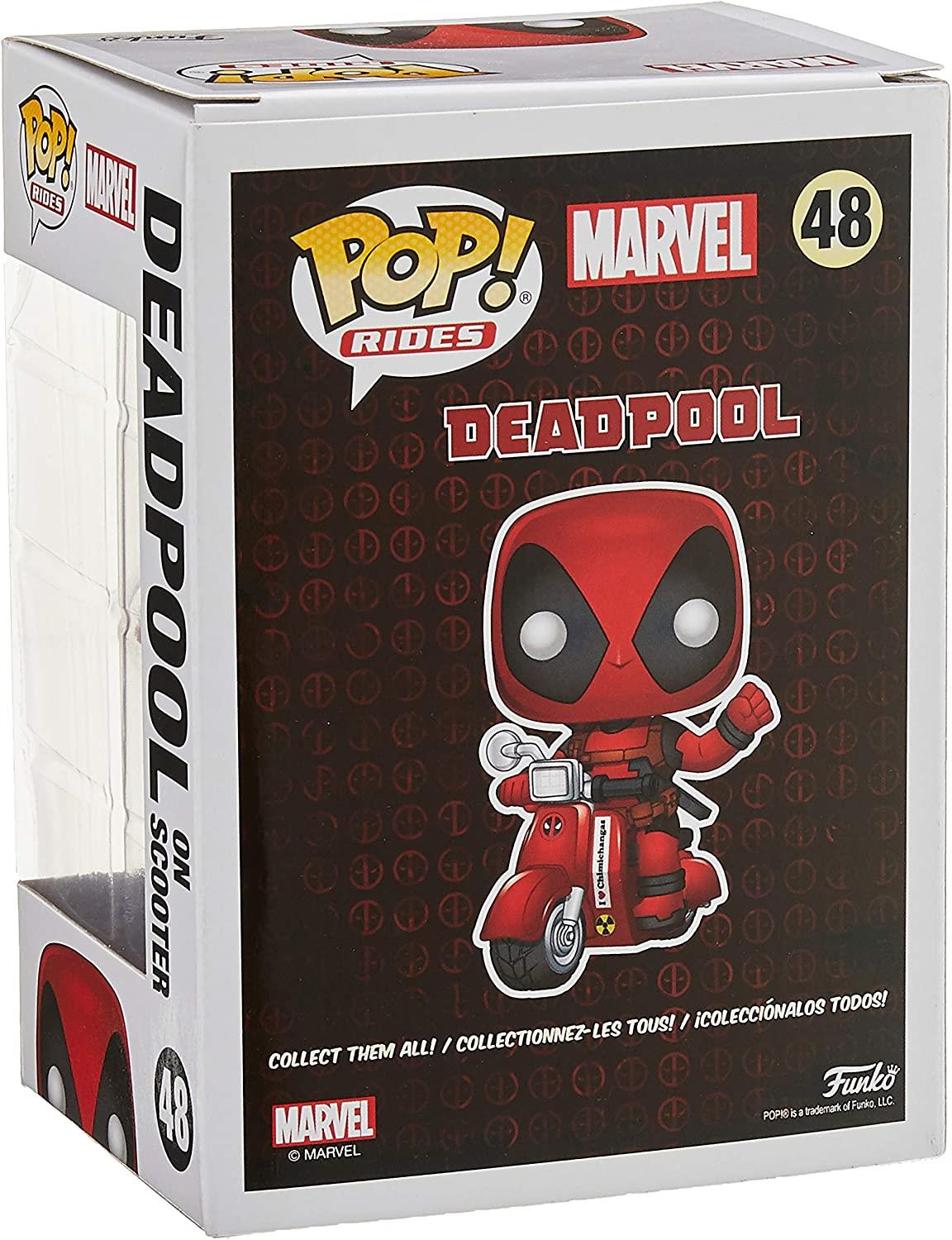 Deadpool Funko Pop Figur auf einem roten Roller auf der Verpackung.