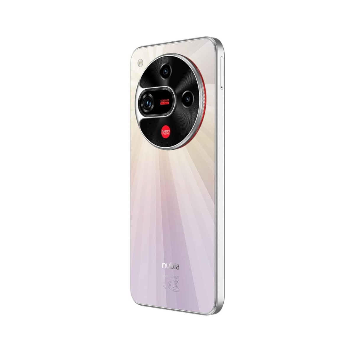 Retro di uno smartphone bianco con tripla fotocamera e anello rosso.