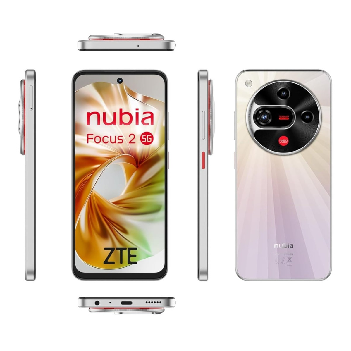 Diverse viste di uno smartphone Nubia Focus 2 5G bianco con accenti rossi.